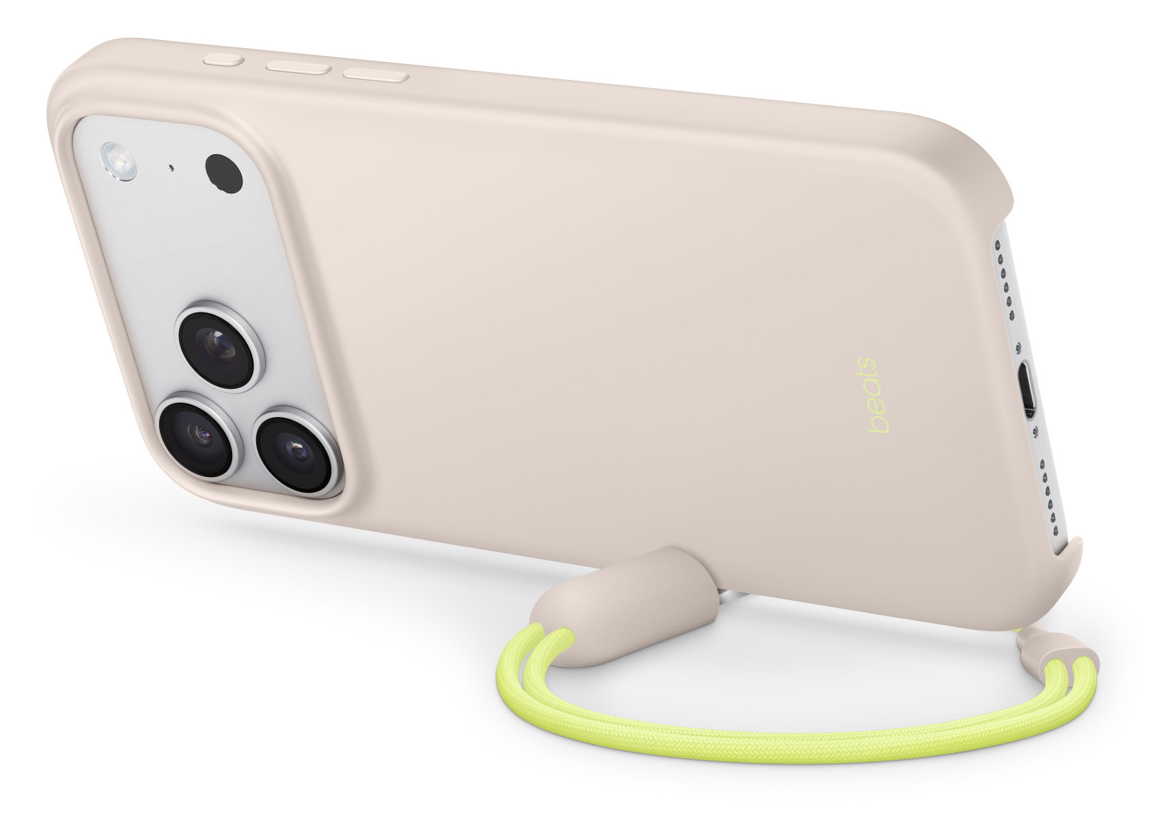 Różowe etui na telefon z trzema obiektywami aparatu, limonkowym paskiem i logo 'beats'.