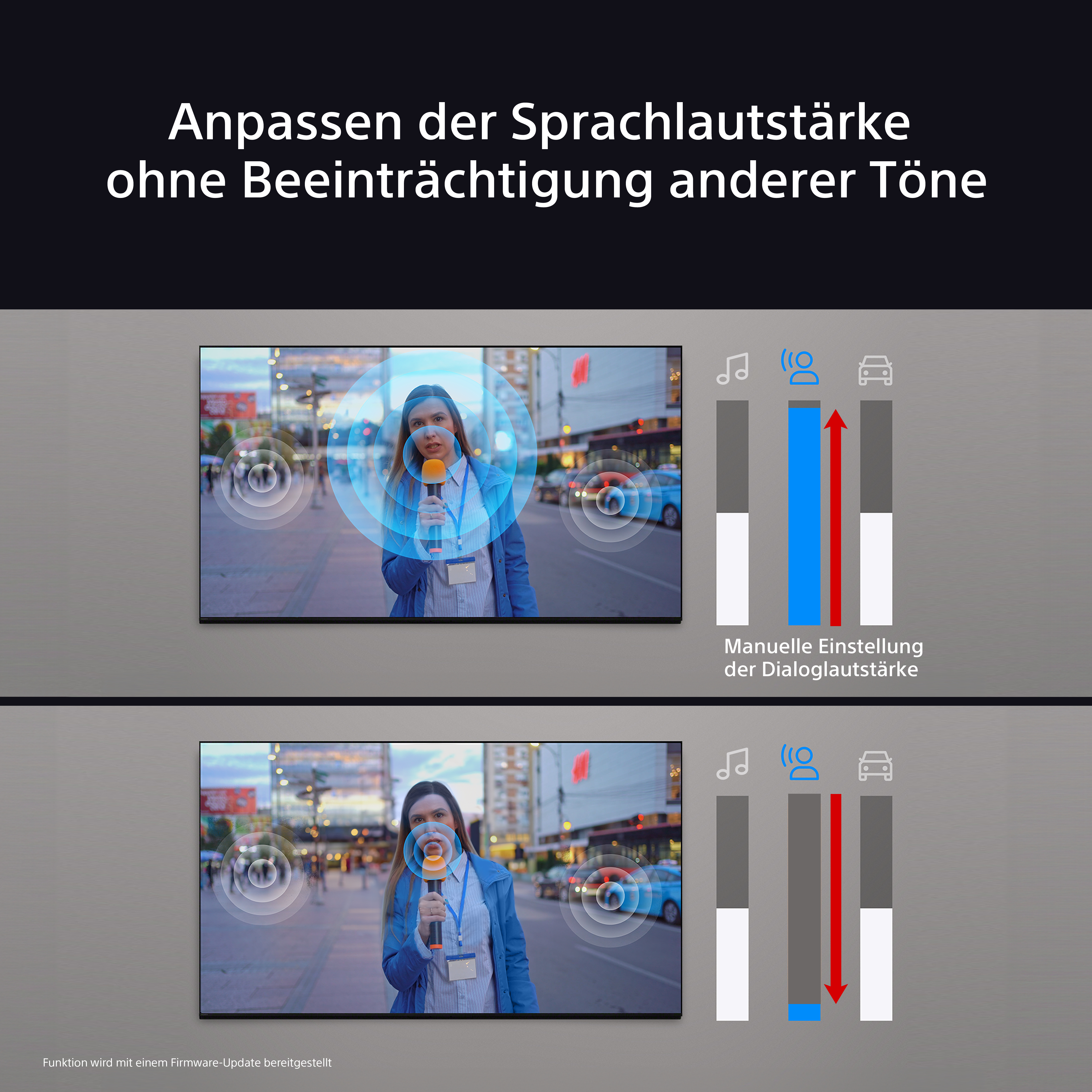 Das Bild zeigt einen Moderator mit Mikrofon, der Audioanpassungsfunktionen demonstriert. Blaue und rote Balken stellen Tonpegel dar.