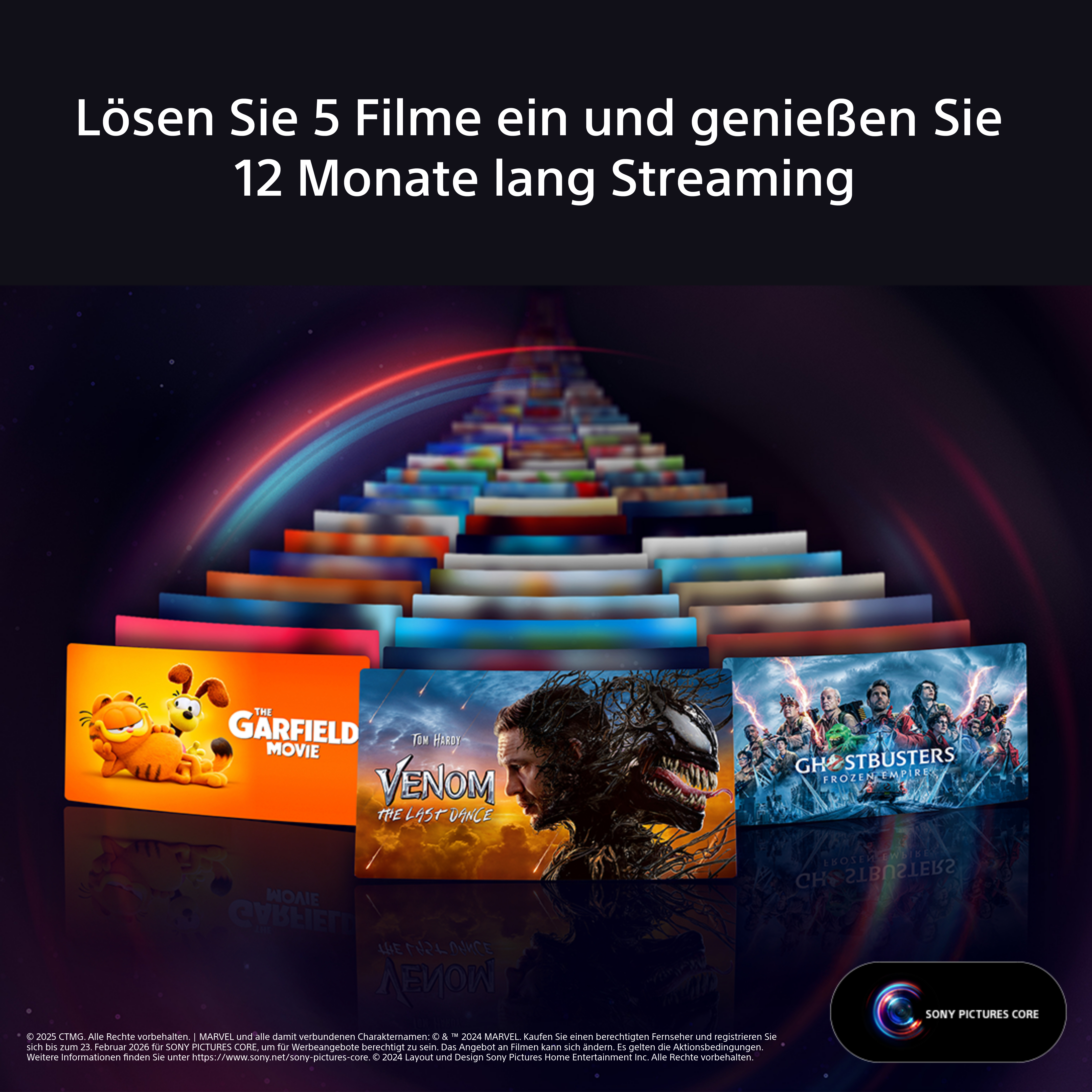 Das Bild zeigt Filmcover, die Streaming bewerben: Garfield, Venom und Ghostbusters. Text sagt '12 Monate Streaming genießen'.