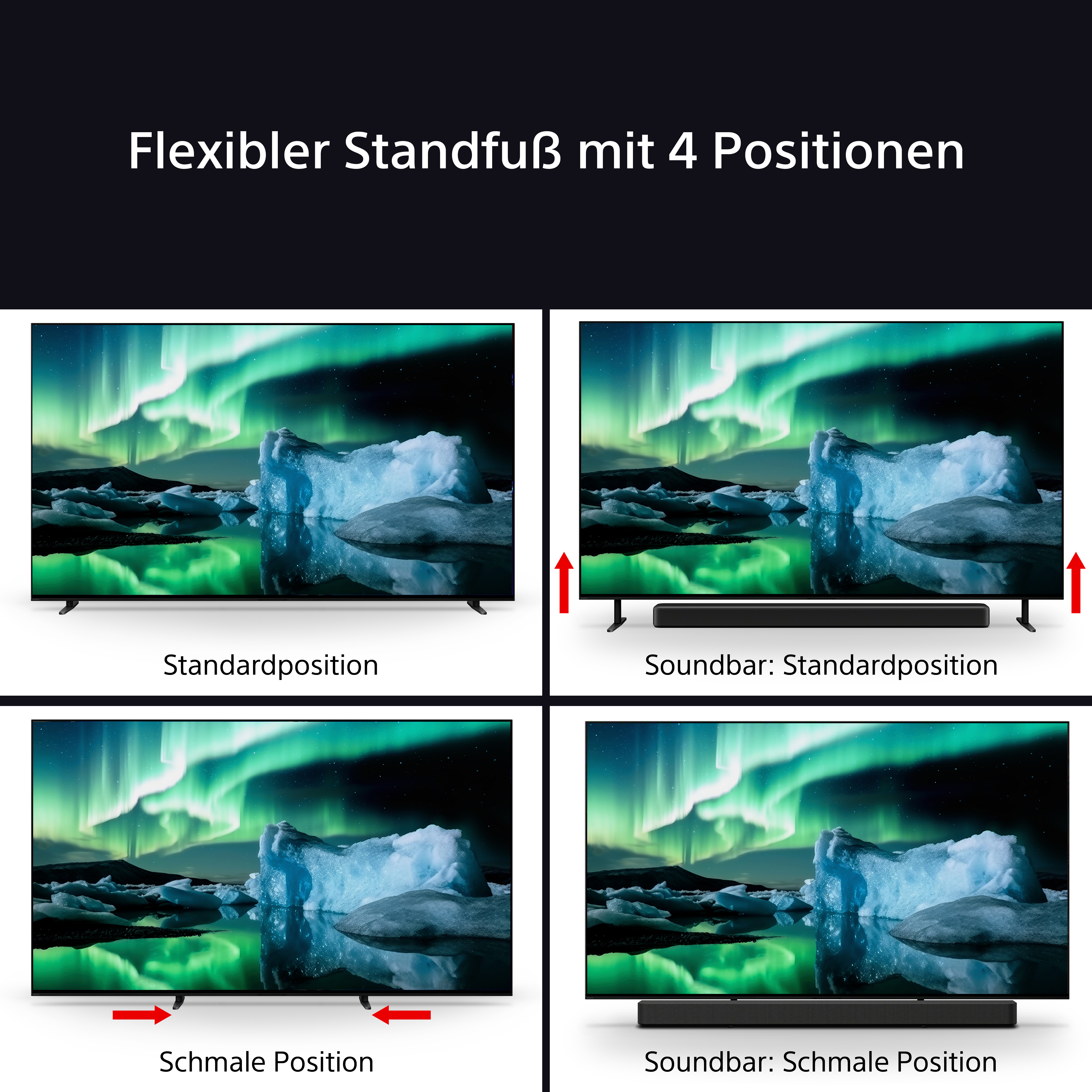 Das Bild zeigt einen Fernseher mit vier verschiedenen Standpositionen. Jeder Bildschirm zeigt eine Landschaft mit Eisbergen und Nordlichtern.