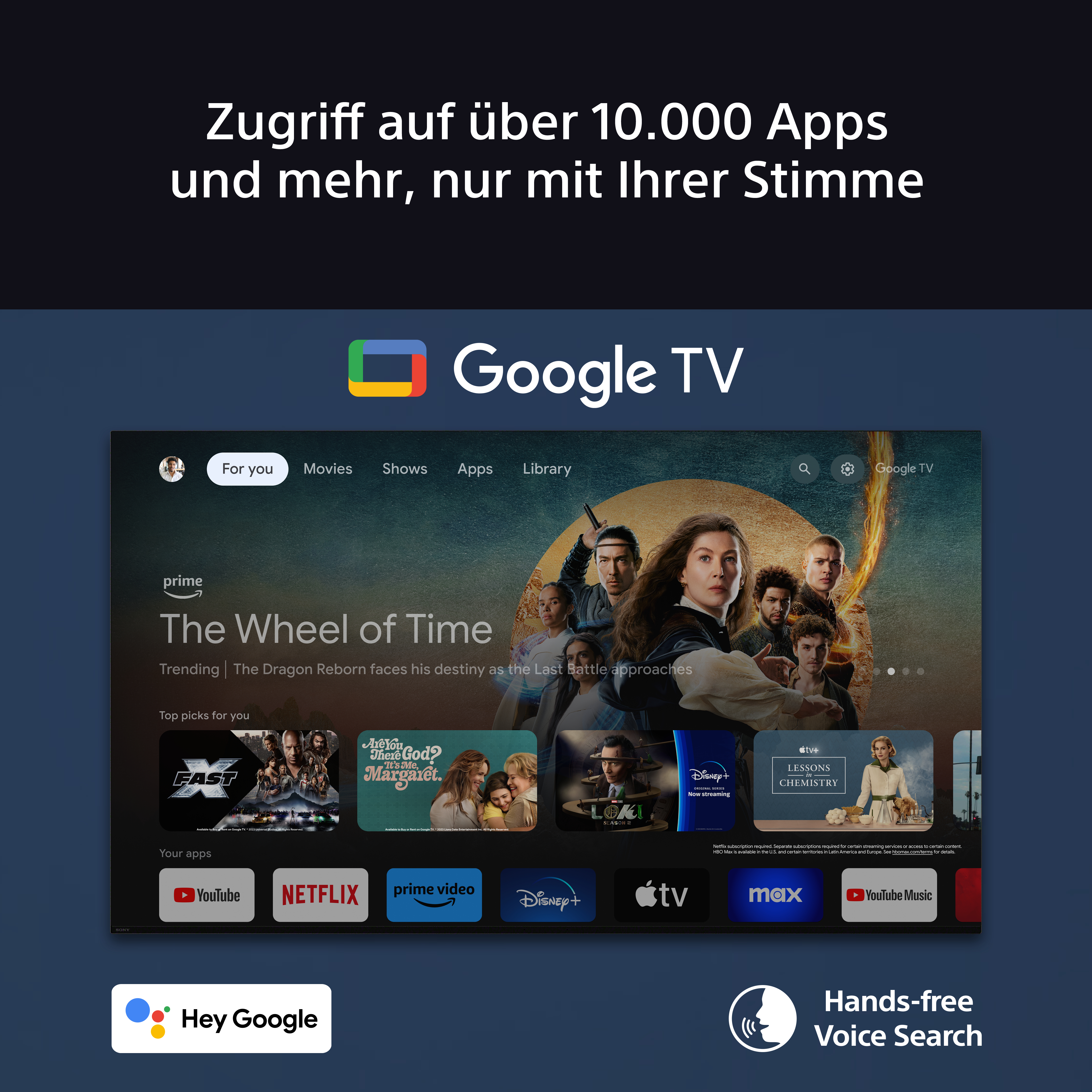 Eine Google TV-Oberfläche wird angezeigt, die Filme und Apps zeigt. Der Bildschirm hat auch das Google TV-Logo.