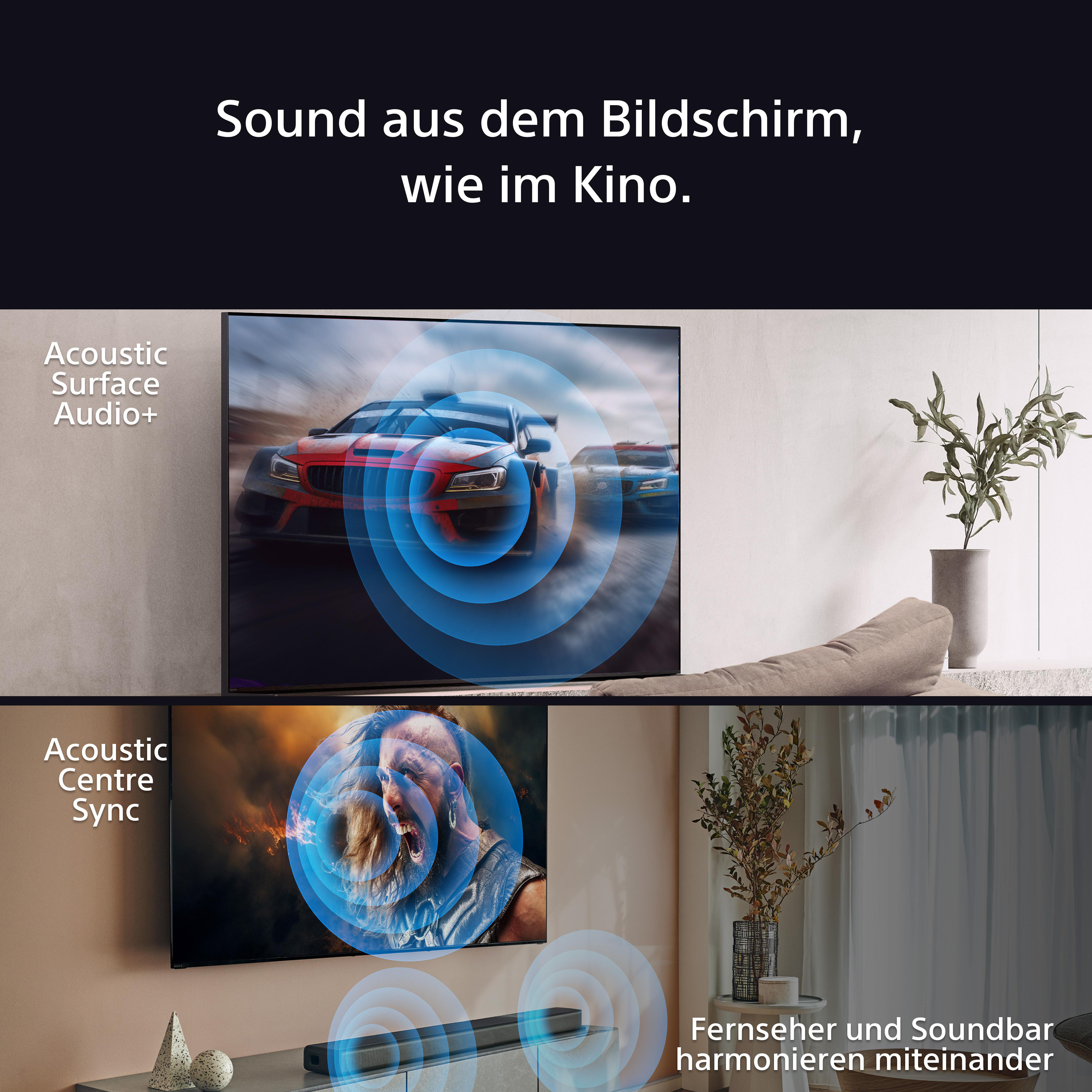 Das Bild zeigt einen Fernseher mit Rennwagen auf dem Bildschirm. Blaue Schallwellen gehen aus. Text beschreibt Funktionen.