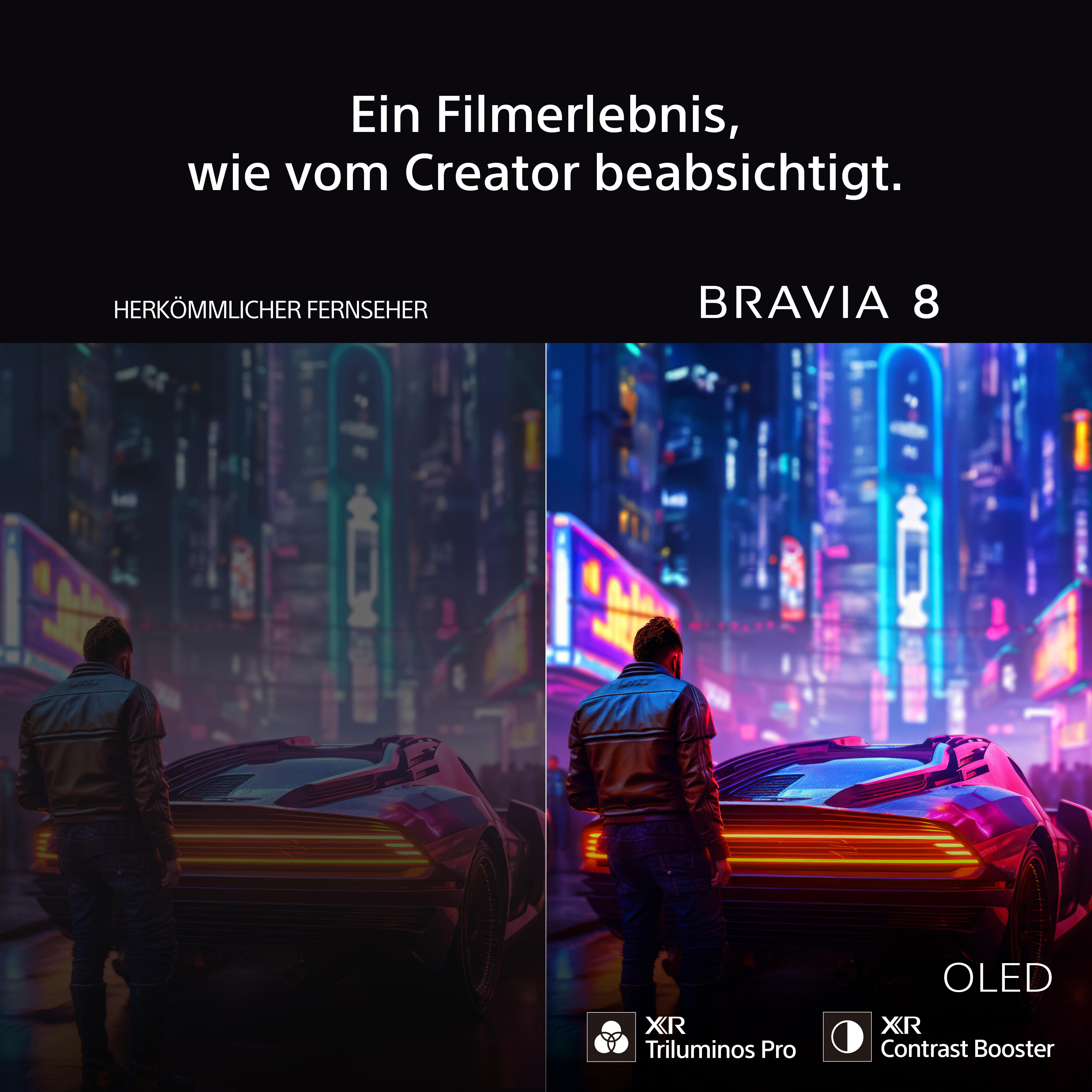 Ein Mann steht vor einem Auto in einer Stadt bei Nacht. Das Bild vergleicht einen normalen Fernseher und einen Bravia 8 OLED.