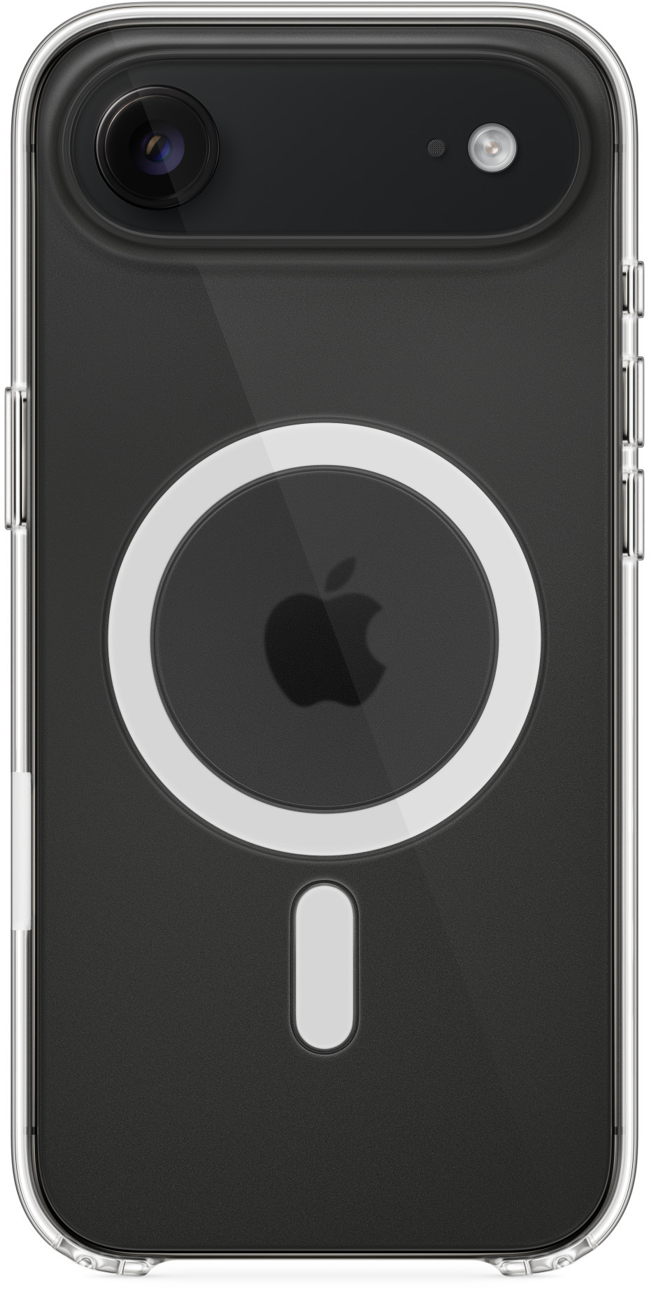 Przezroczyste etui na telefon z aparatem, lampą błyskową i logo Apple. Ma białe koło i wydłużony prostokąt.