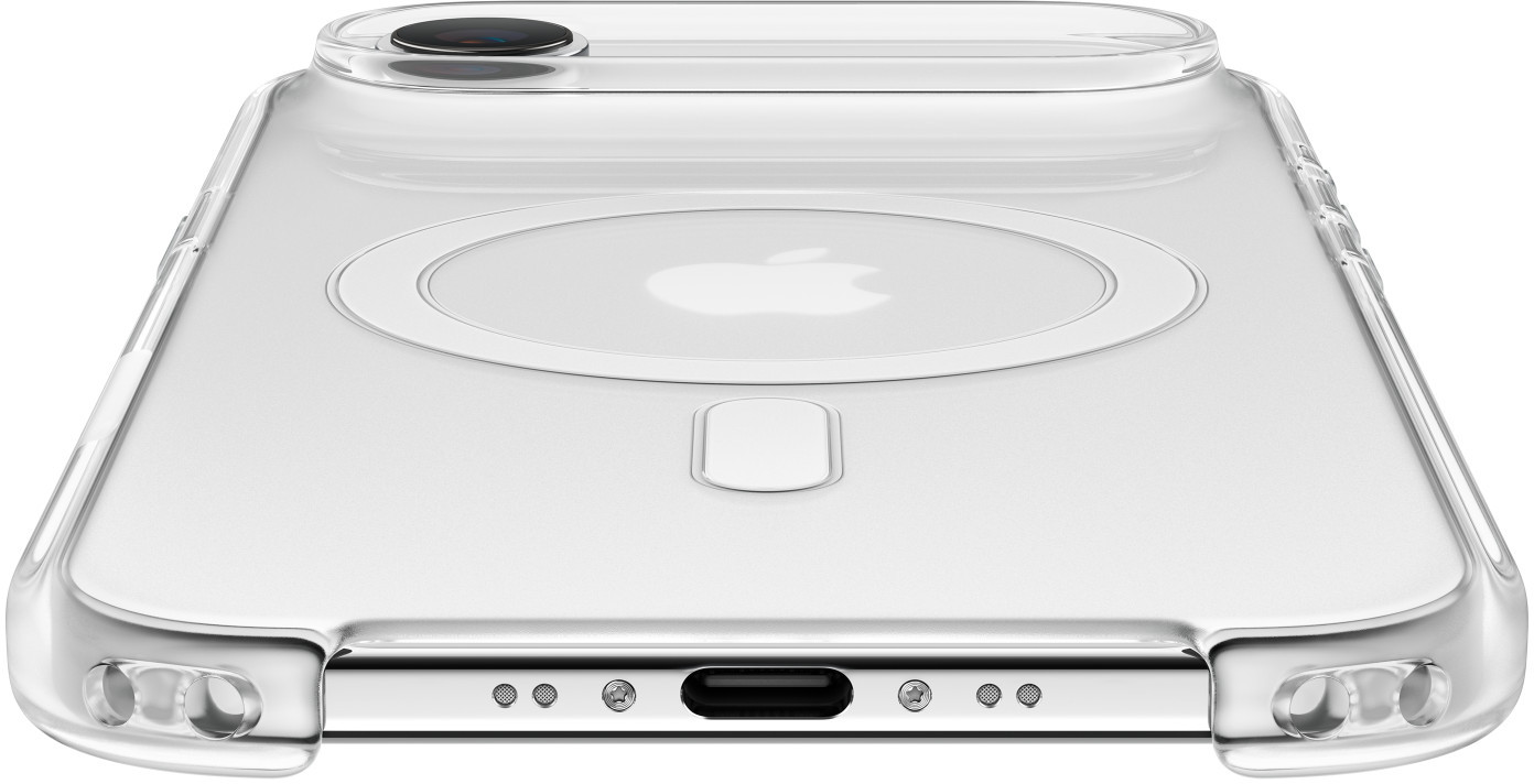 Przezroczyste etui na telefon. Logo Apple widoczne. Widoczny aparat i port ładowania.