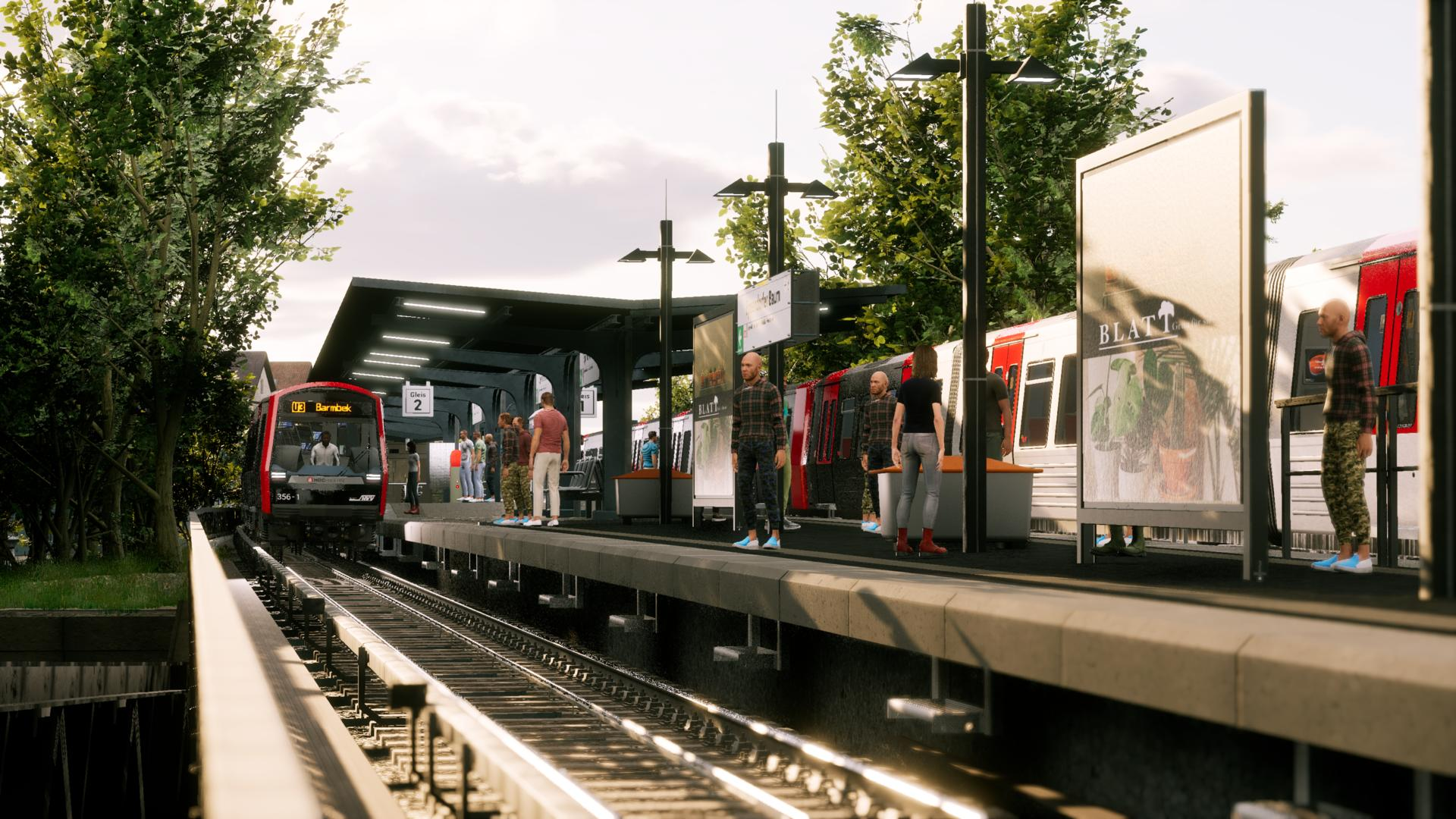 Ein Zug steht an einer Haltestelle mit wartenden Menschen auf dem Bahnsteig.