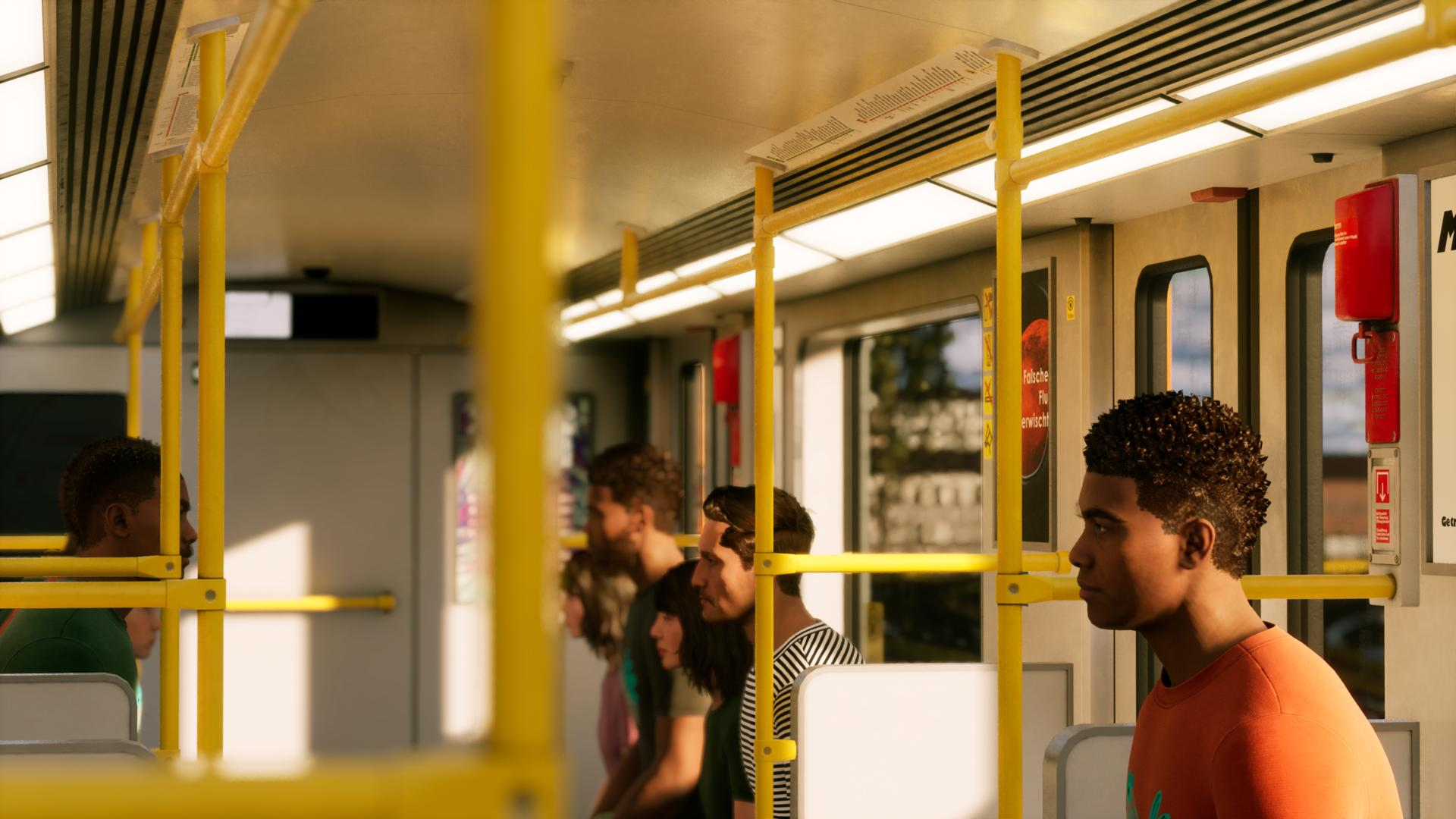Menschen sitzen in einem öffentlichen Verkehrsmittel mit gelben Haltestangen.