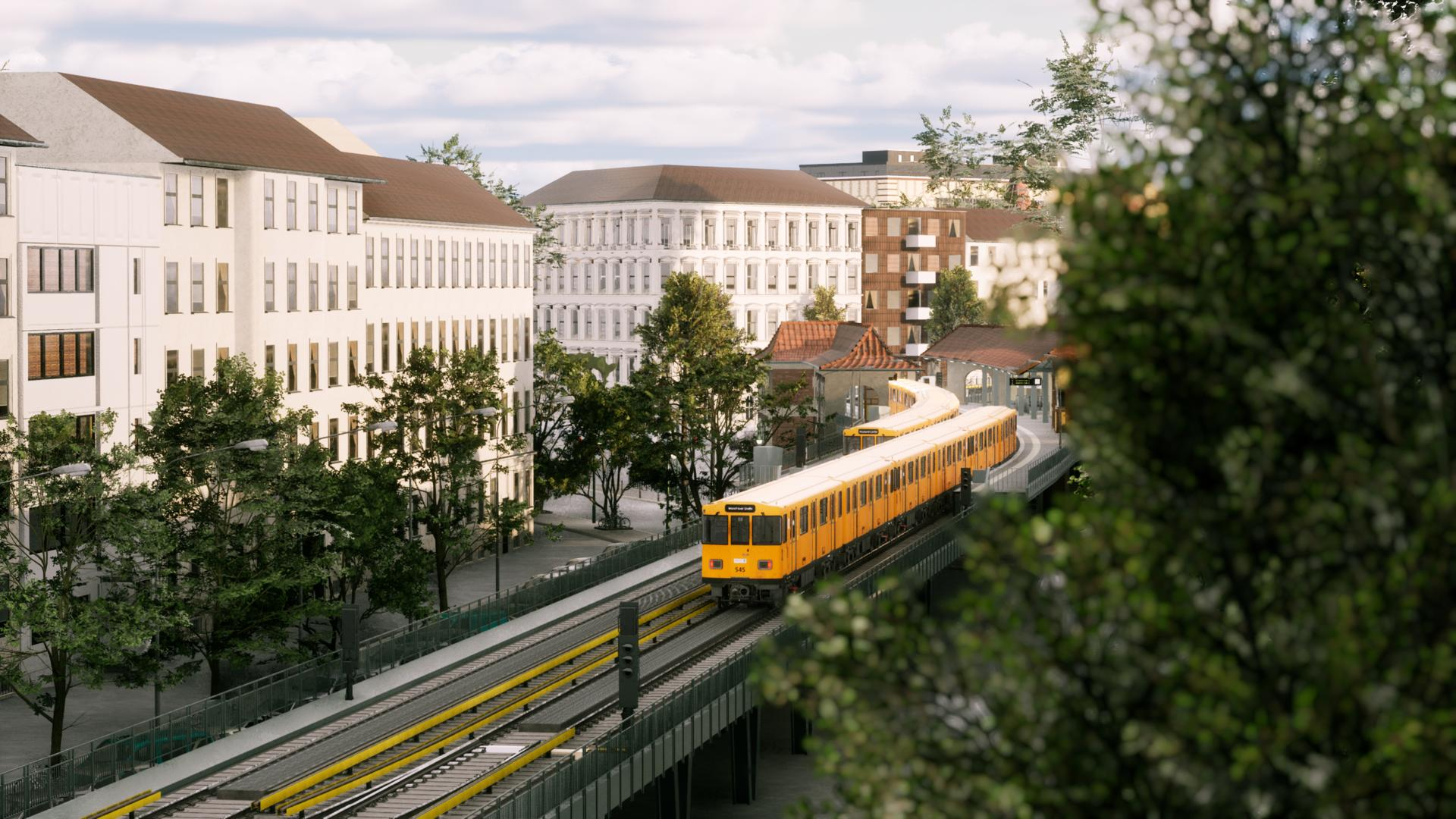 Ein gelber Zug fährt auf erhöhten Gleisen an Gebäuden und Bäumen vorbei.