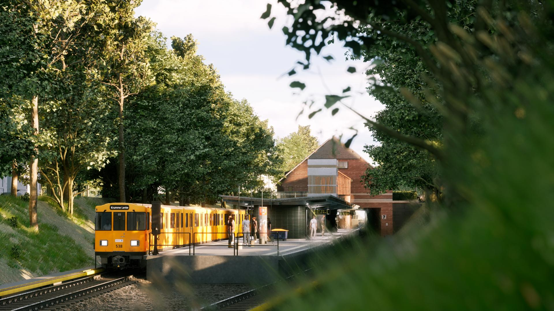 Ein gelber Zug hält an einer Station mit einem Backsteingebäude und Bäumen.