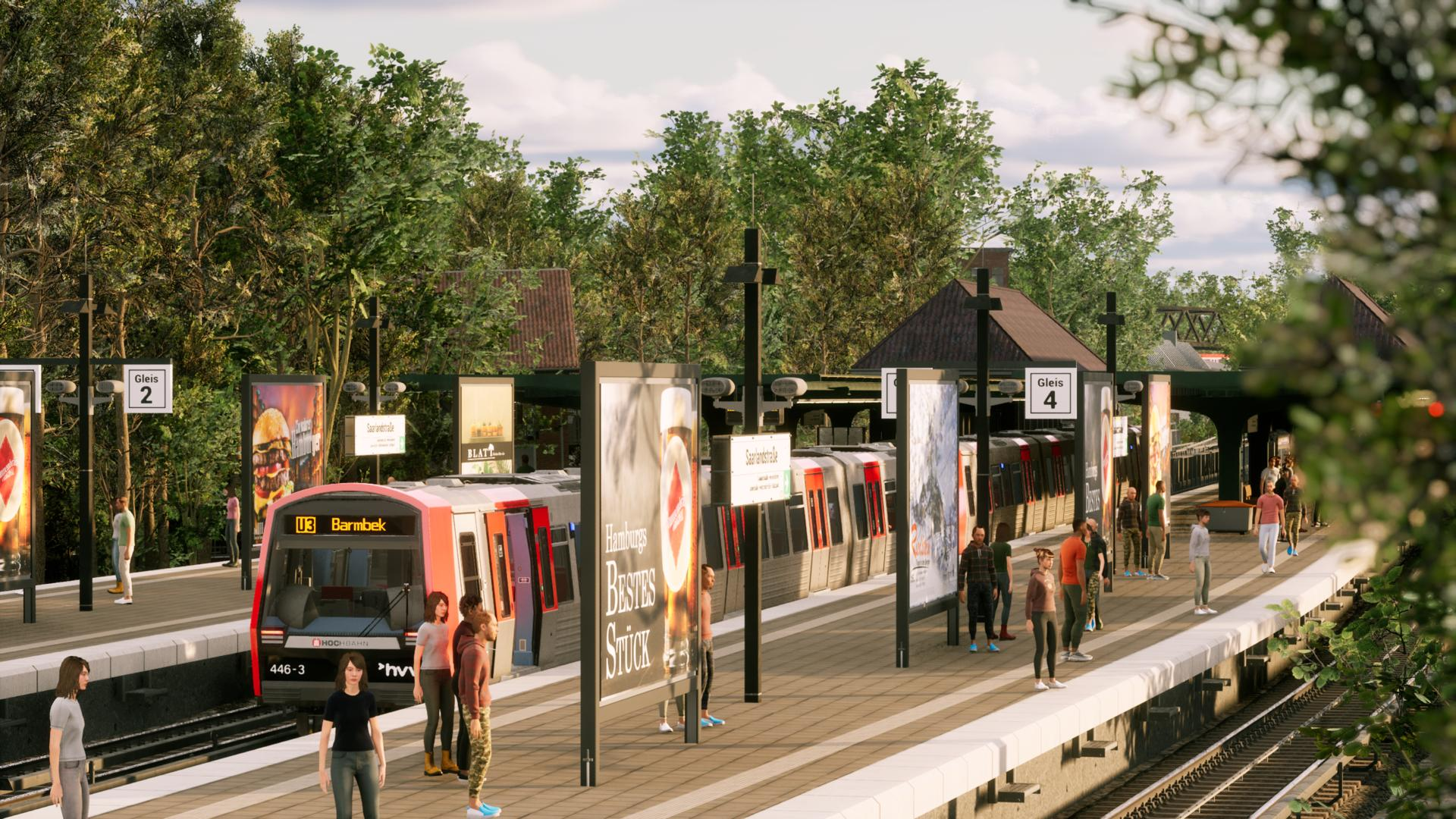 Ein Zug steht an einem Bahnsteig, Menschen warten. Werbung ist sichtbar.