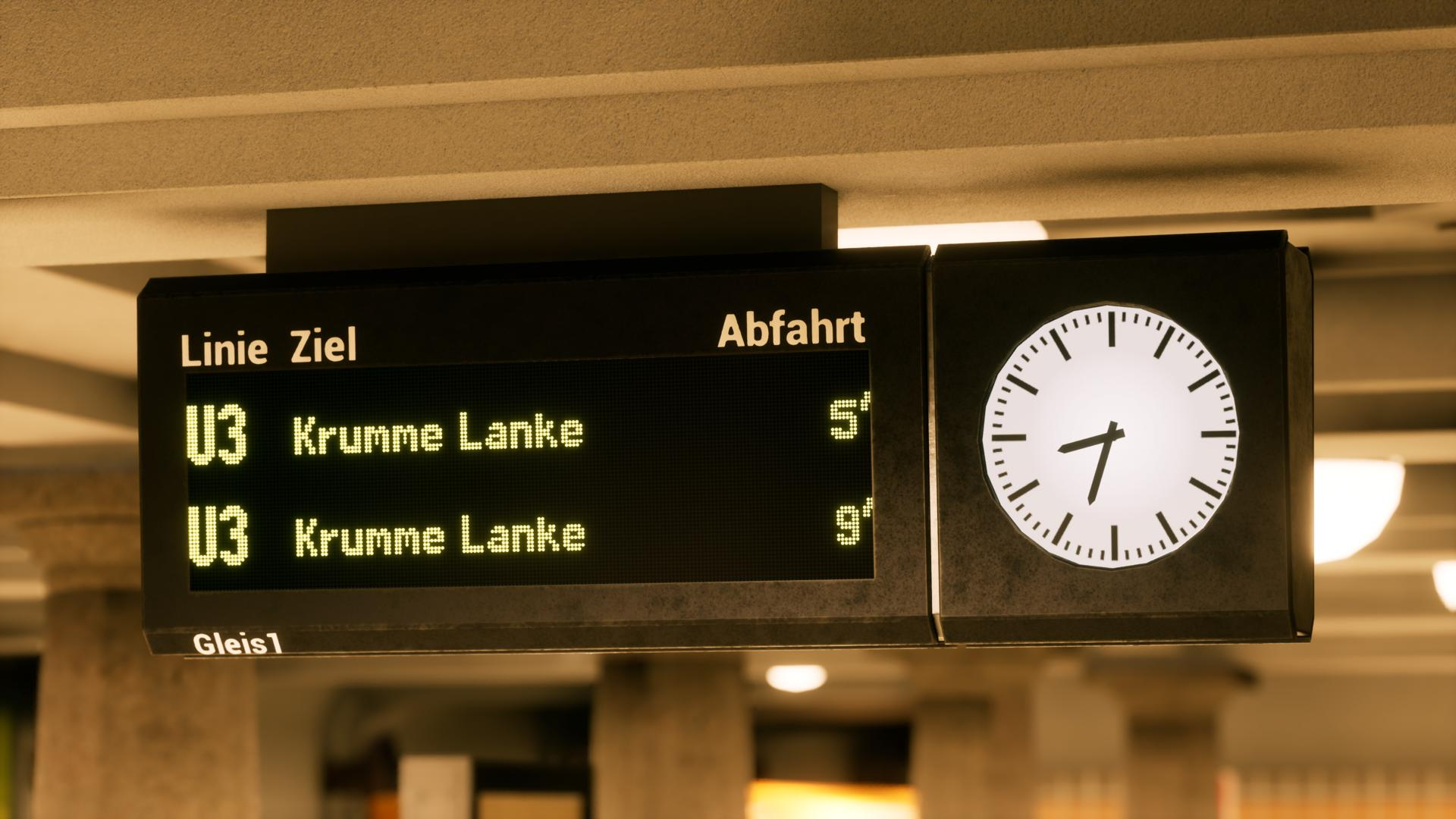 Anzeigetafel mit Zuglinien, Zielen und Abfahrtszeiten neben einer Uhr.