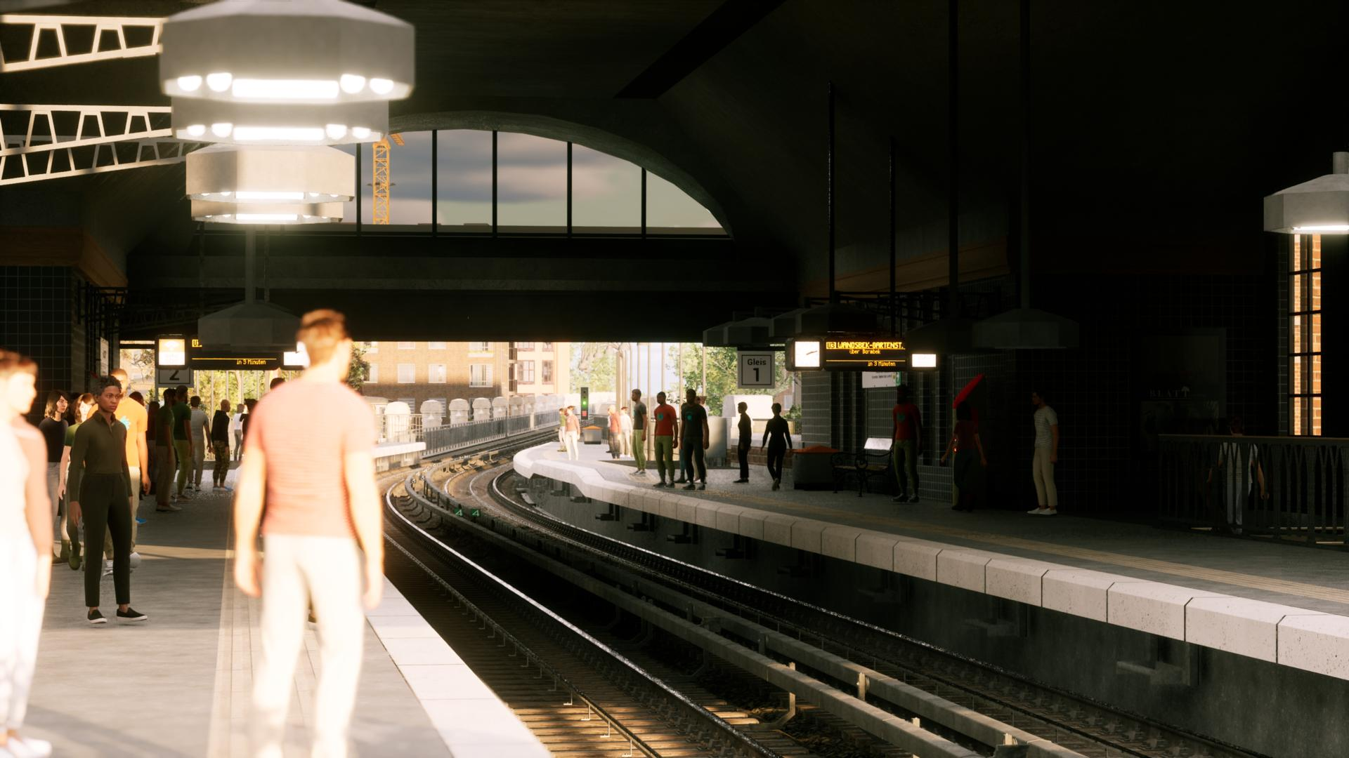 Menschen warten auf einem Bahnhof mit Zügen und Gleisen.