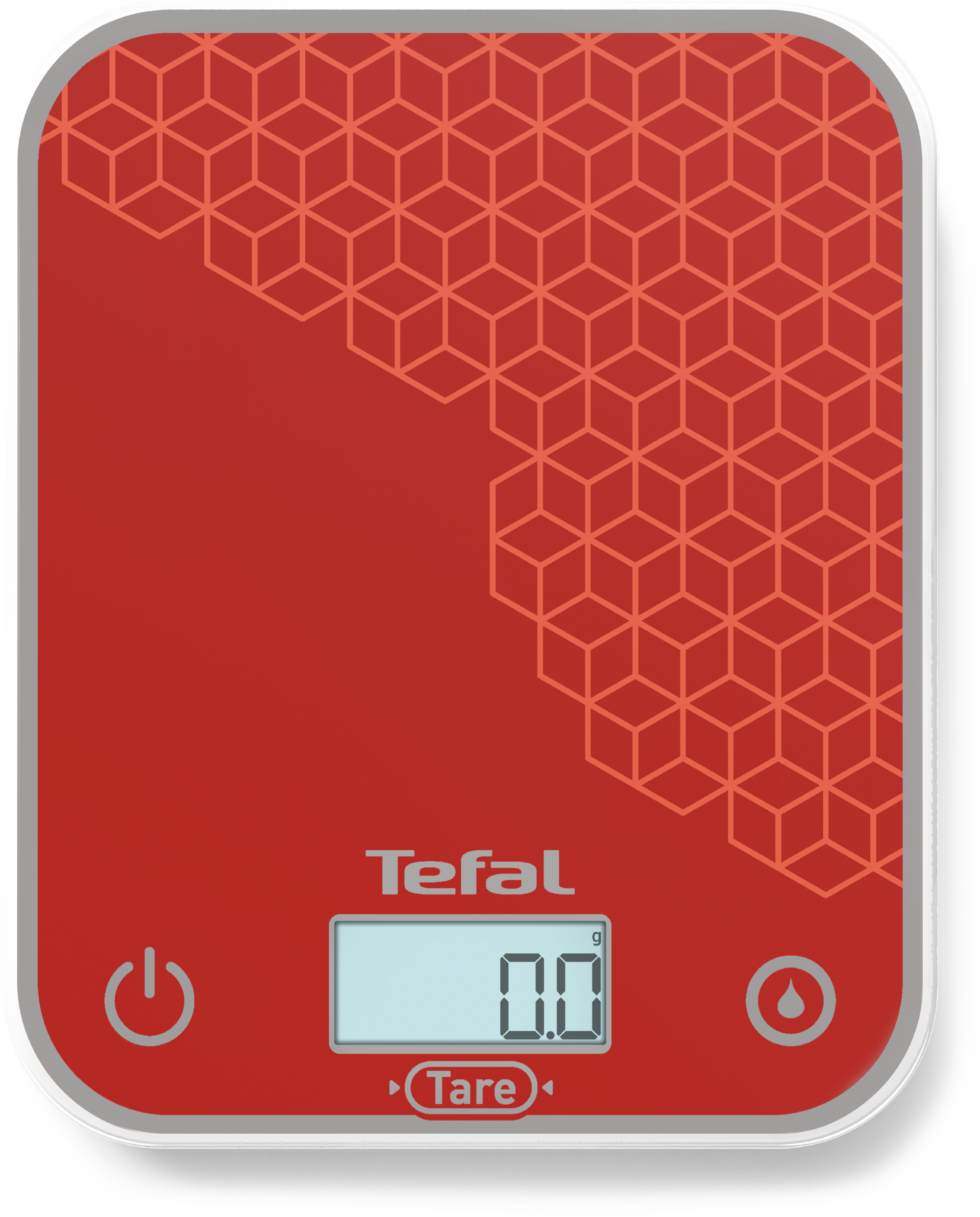 Piros Tefal konyhai mérleg, digitális kijelzővel, 0,0 g. Be/ki és Tára gombok. Geometriai minta díszít egy részt.