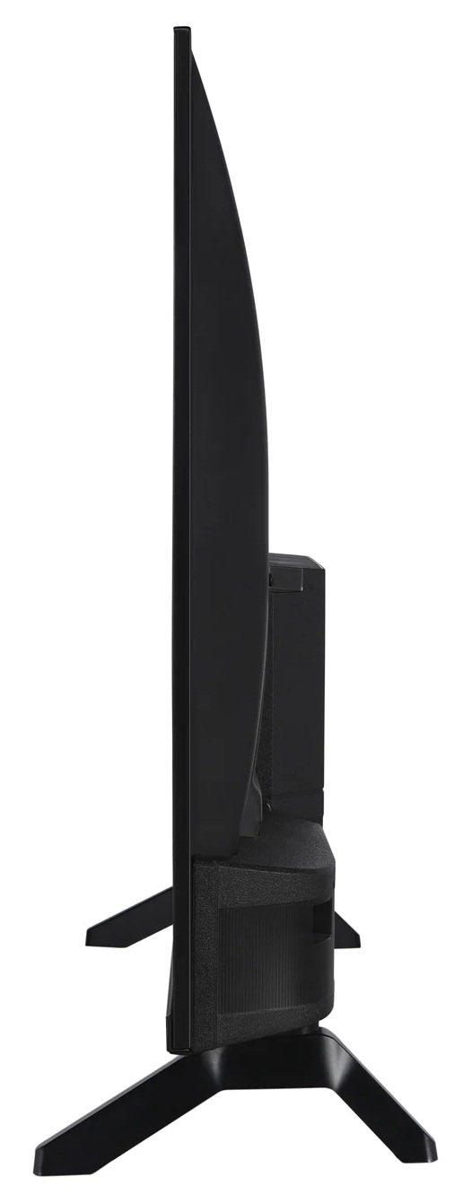 Widok z boku czarnego telewizora. Ekran jest cienki ze stojakiem u dołu. Tło jest białe.