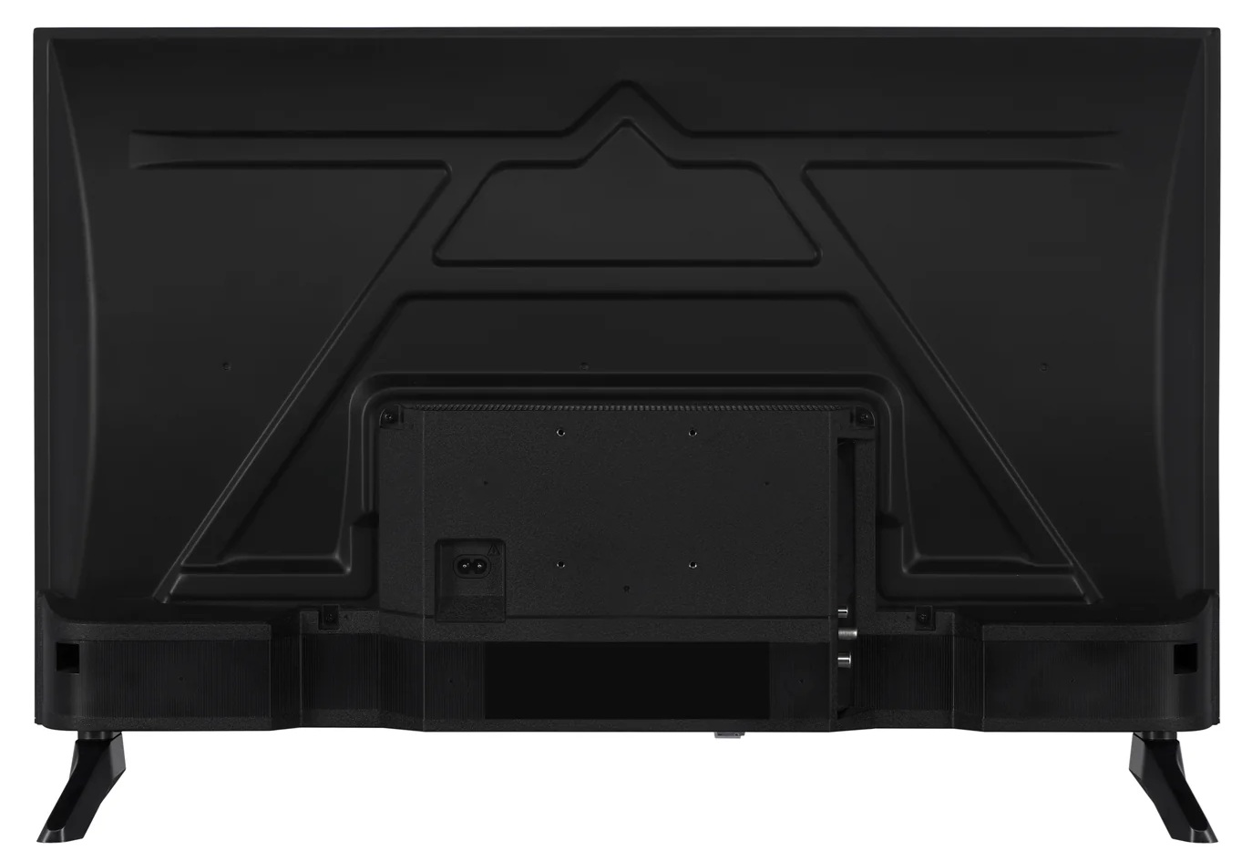 Tył czarnego telewizora z płaskim ekranem. Posiada wejście zasilania, porty i wentylację. Telewizor stoi na dwóch czarnych nóżkach.