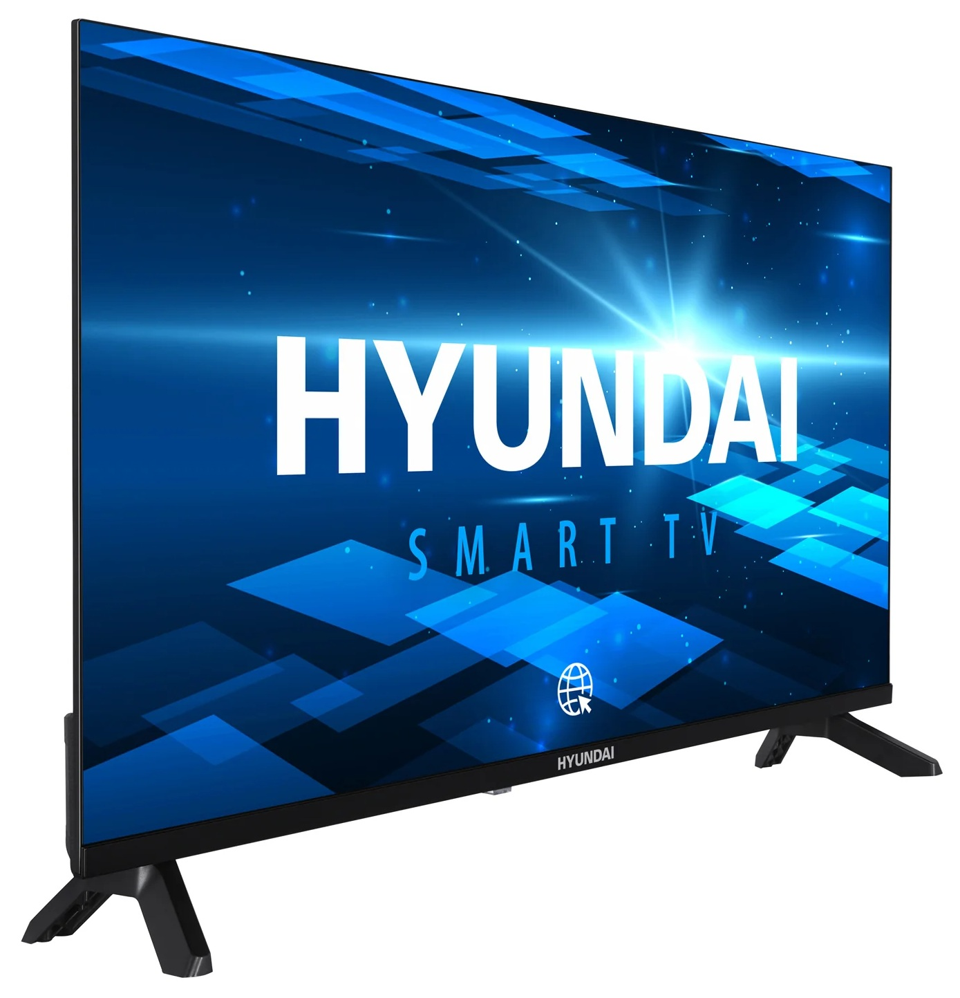 Telewizor Smart TV Hyundai na białym tle. Ekran wyświetla logo Hyundai i niebieski, abstrakcyjny wzór. Telewizor ma czarne nóżki.