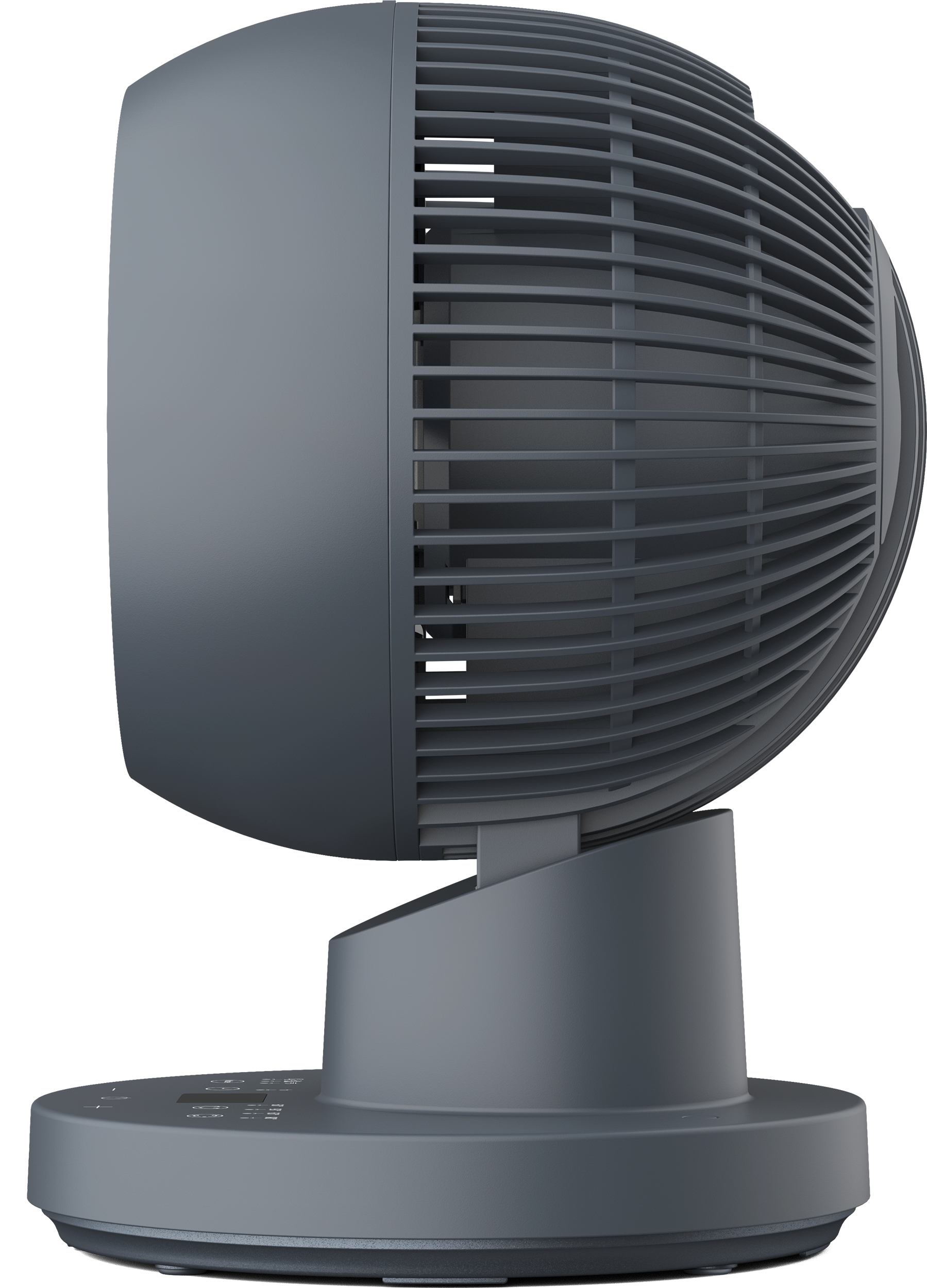 Egy szürke ventilátor, kerek fejjel és kör alakú talppal. Vízszintes lamellái és egy vezérlőpanelje van.