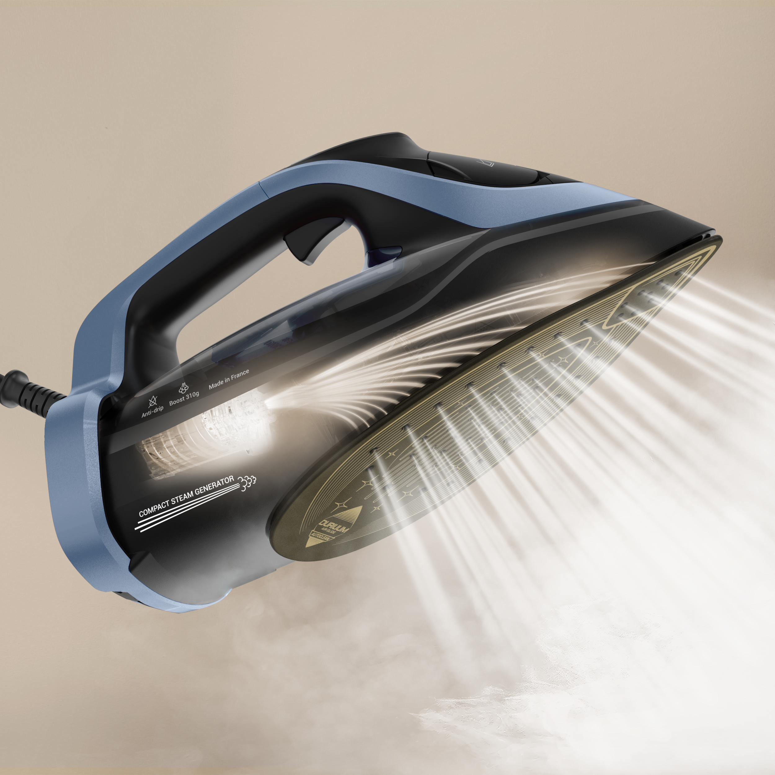 Kék-fekete vasaló gőzzel. A vasalón felirat található, többek között a 'Compact Steam Generator'.