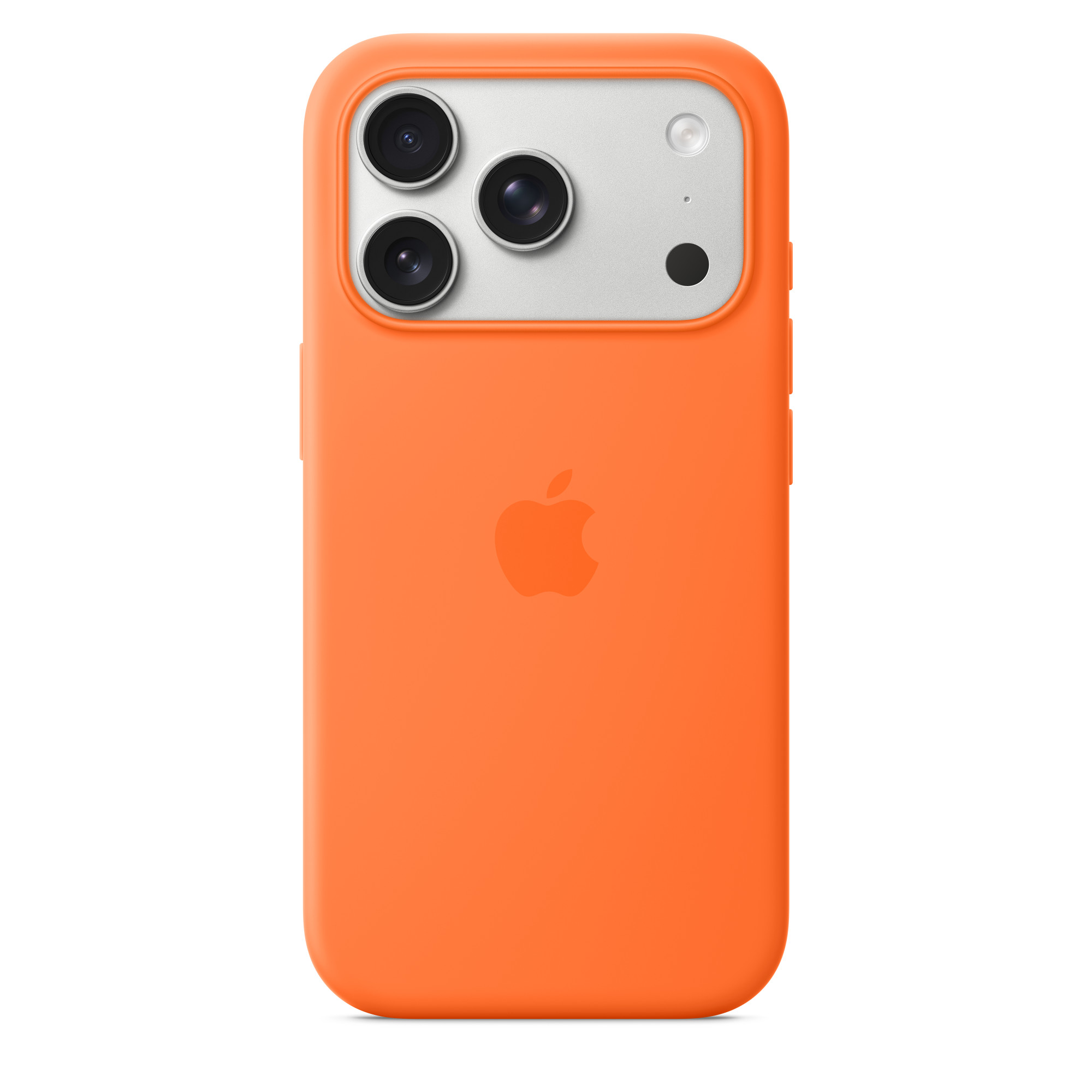 Narancssárga iPhone tok. Három kamerával és egy Apple logóval rendelkezik.