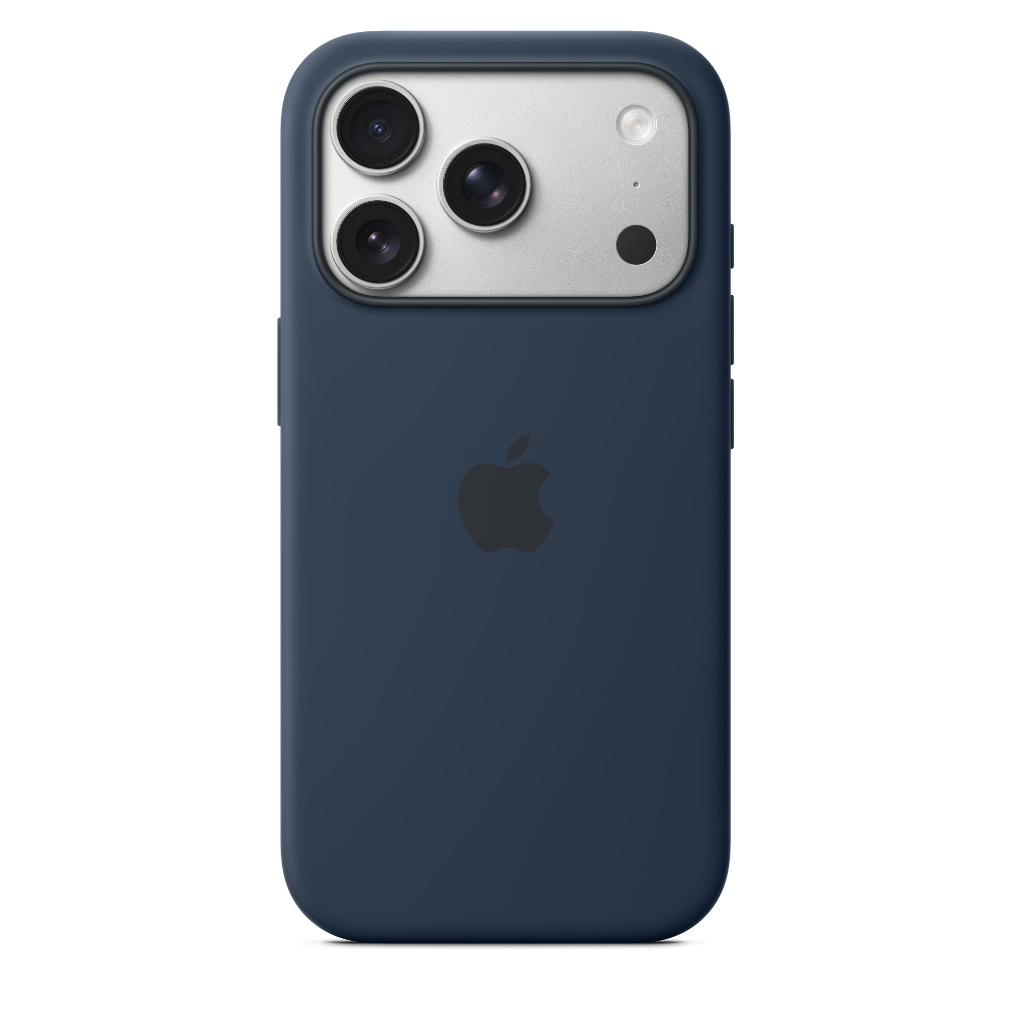 Kék iPhone tok ezüst kamera házzal. Apple logó a hátulján. A tok három kamerával és egy vakuval rendelkezik.