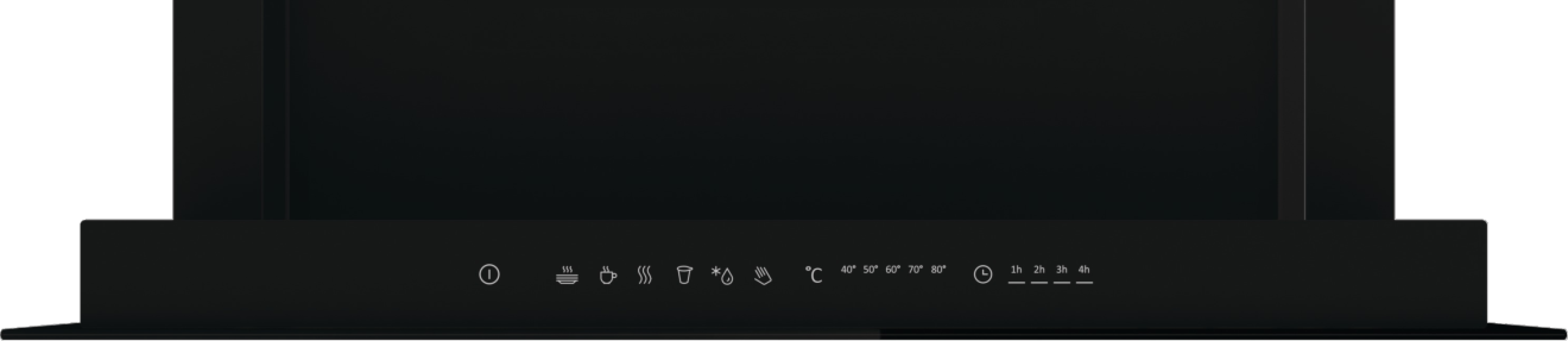 Czarny okap kuchenny z ikonami sterowania i ustawieniami temperatury. Zawiera parę, filiżankę i timer.