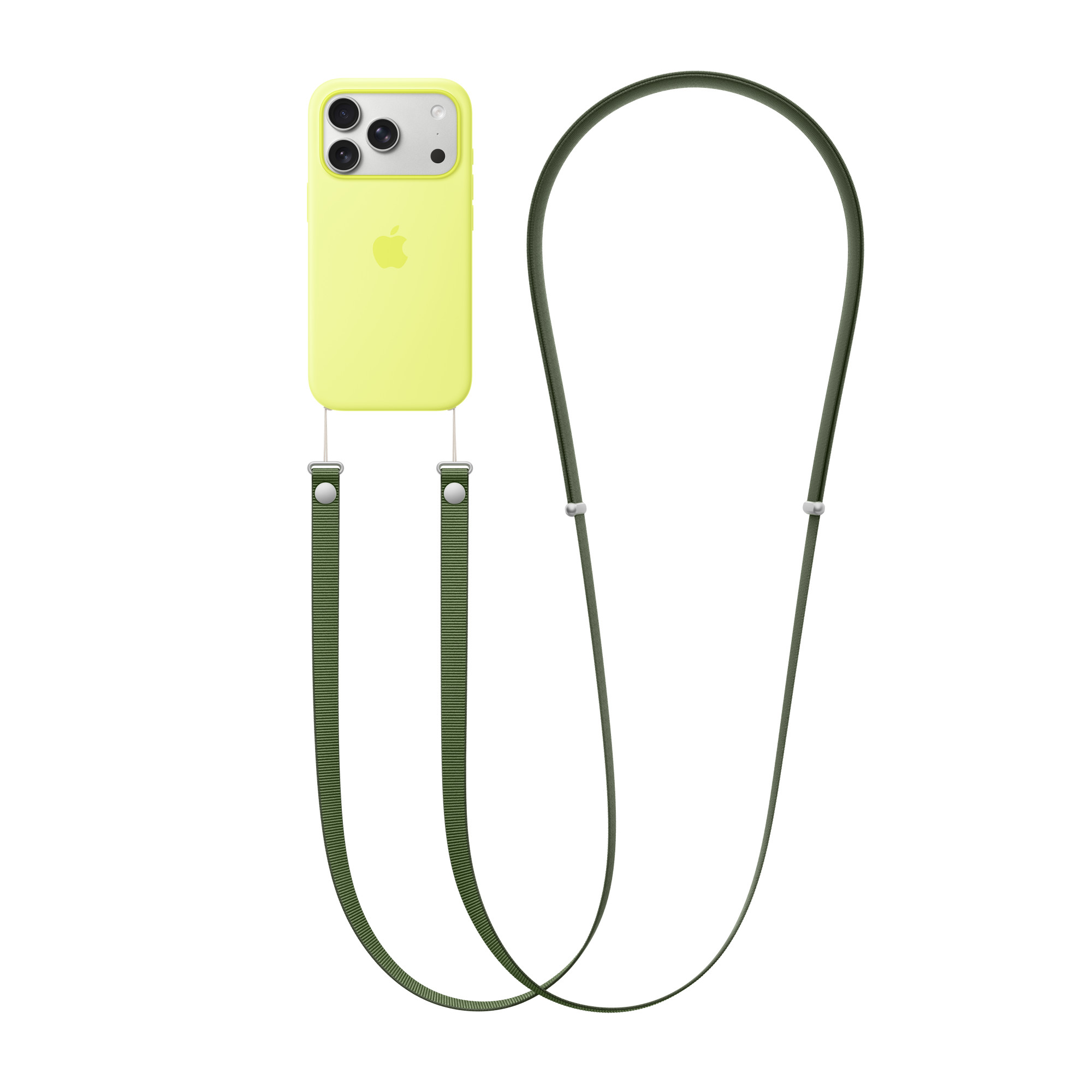 Egy sárga iPhone tok zöld szíjjal. A tokon az Apple logója látható. A szíj fémgombokkal van a tokhoz rögzítve.