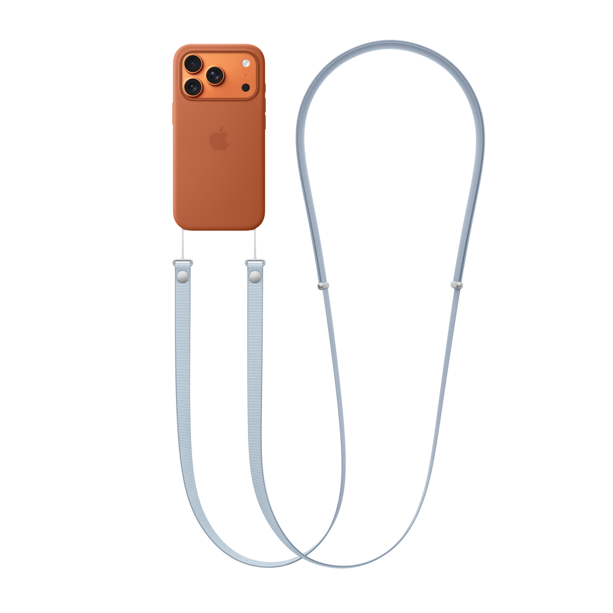 Narancssárga telefontok világoskék pánttal. A tokon Apple logó és kamera kiemelkedés van. A háttér fehér.