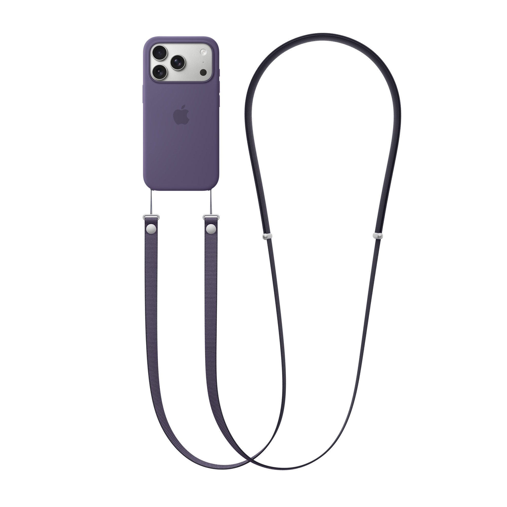 Lila telefontok Apple logóval, fekete nyakpánttal. A háttér fehér.