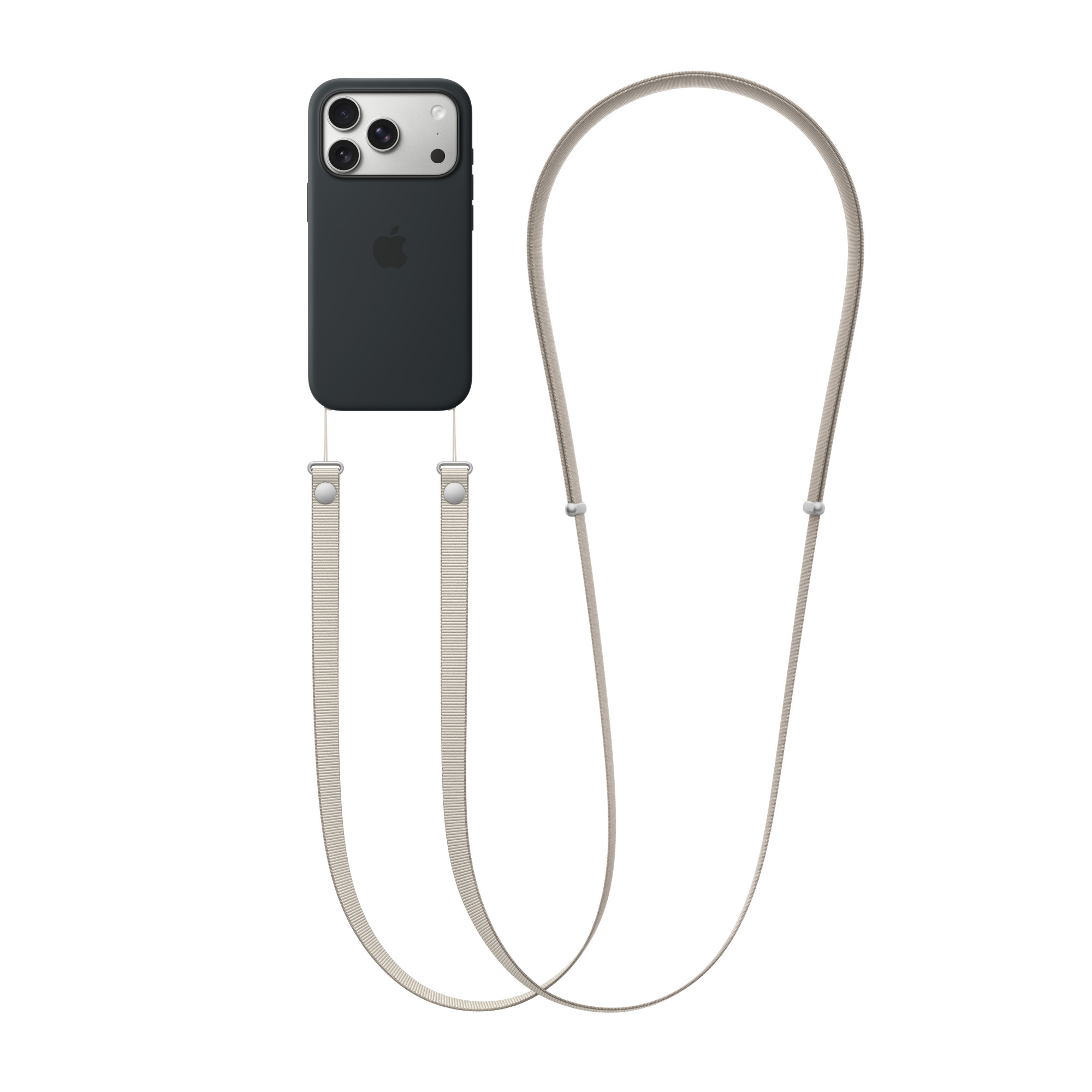 Egy fekete iPhone krémzsinórral. A telefonnak három kamerája van. A zsinór hurkolt.
