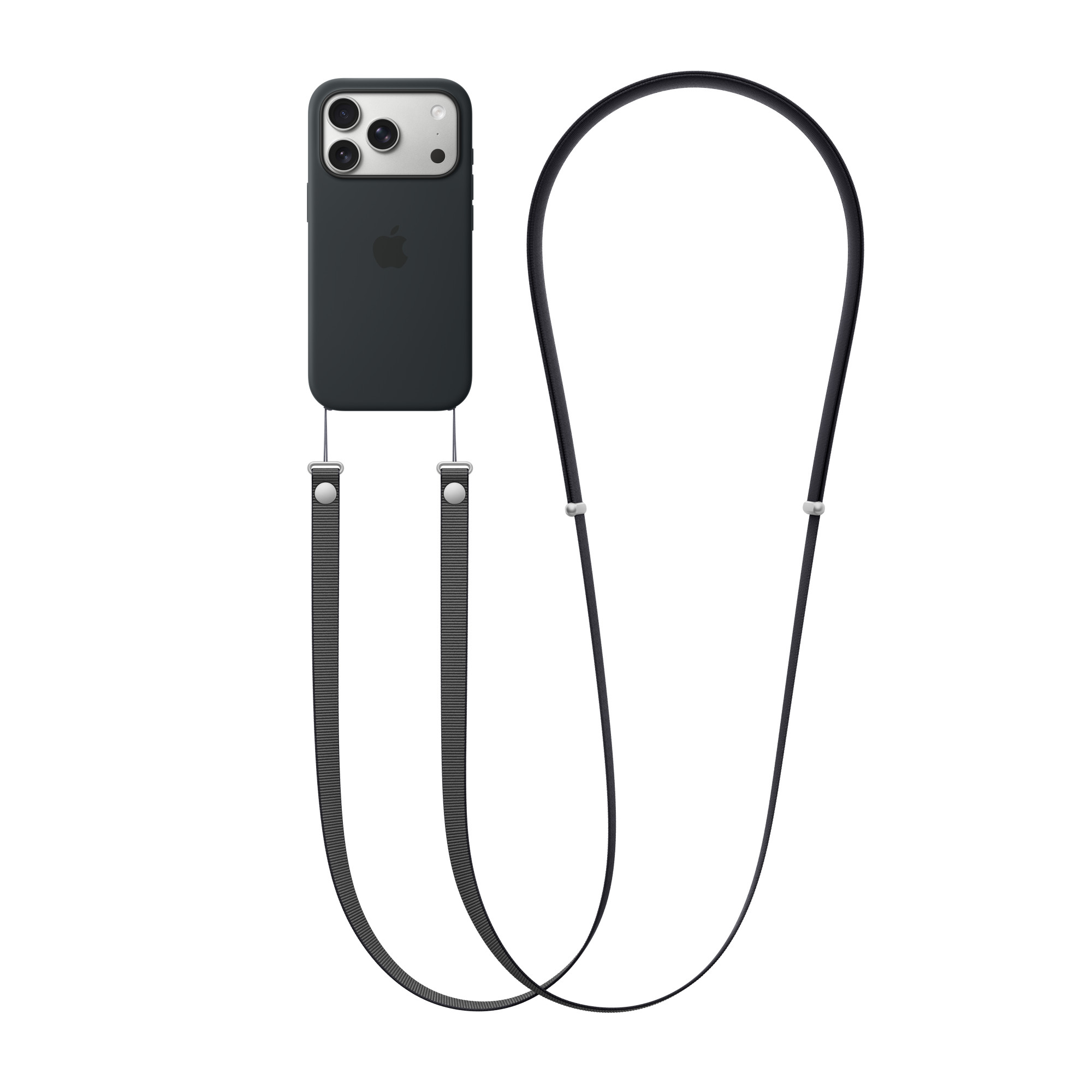 Egy fekete iPhone fekete tokkal és nyakpánttal. A nyakpánt fekete-fehér. Fehér háttéren lóg.