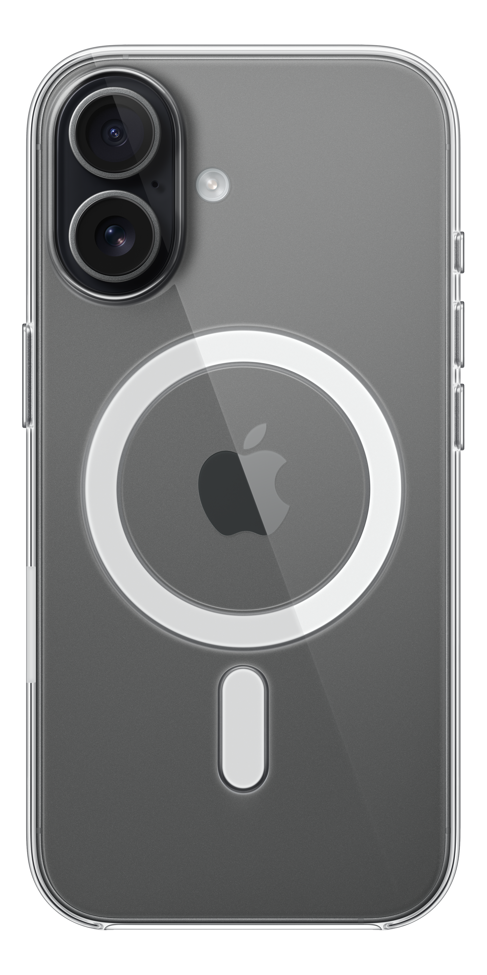 Coque de téléphone transparente sur fond noir. Elle possède un appareil photo à double objectif, un flash, le logo Apple et un anneau MagSafe blanc.