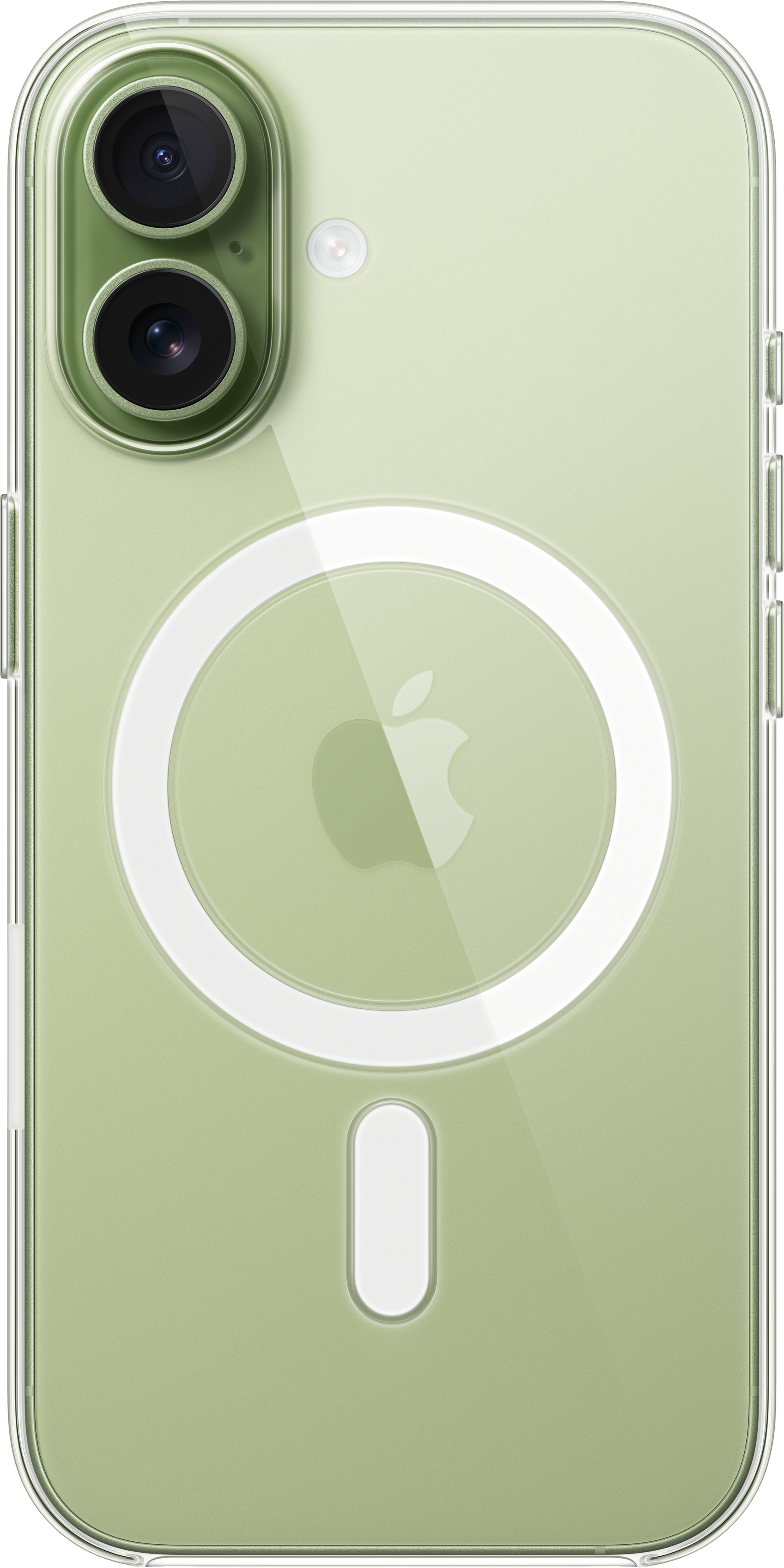 Coque de téléphone verte avec un iPhone. On voit l'appareil photo, le logo Apple, un anneau et un ovale blancs.