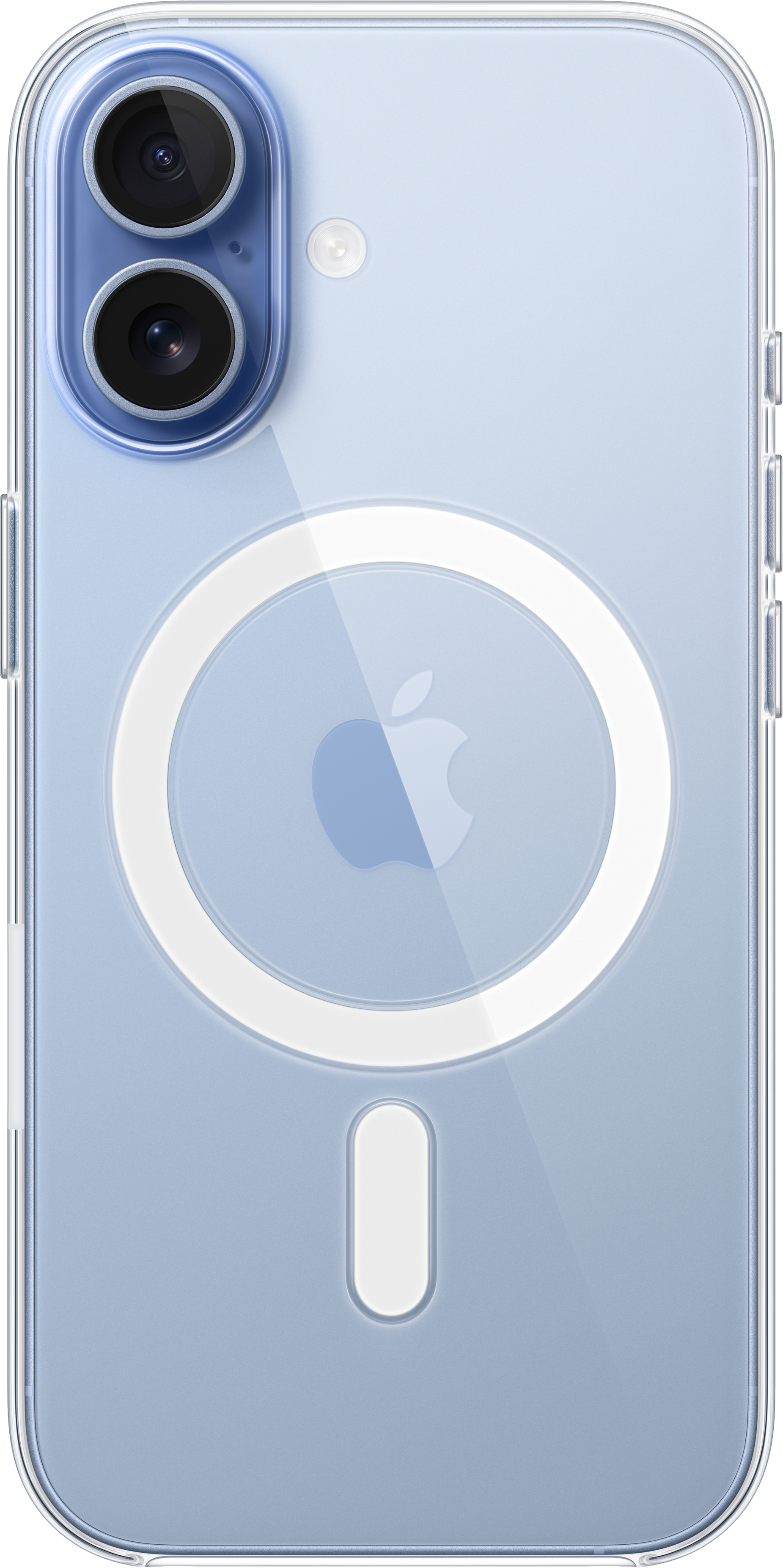 Coque transparente sur un téléphone bleu clair. Double appareil photo, flash, logo Apple et cercle MagSafe.