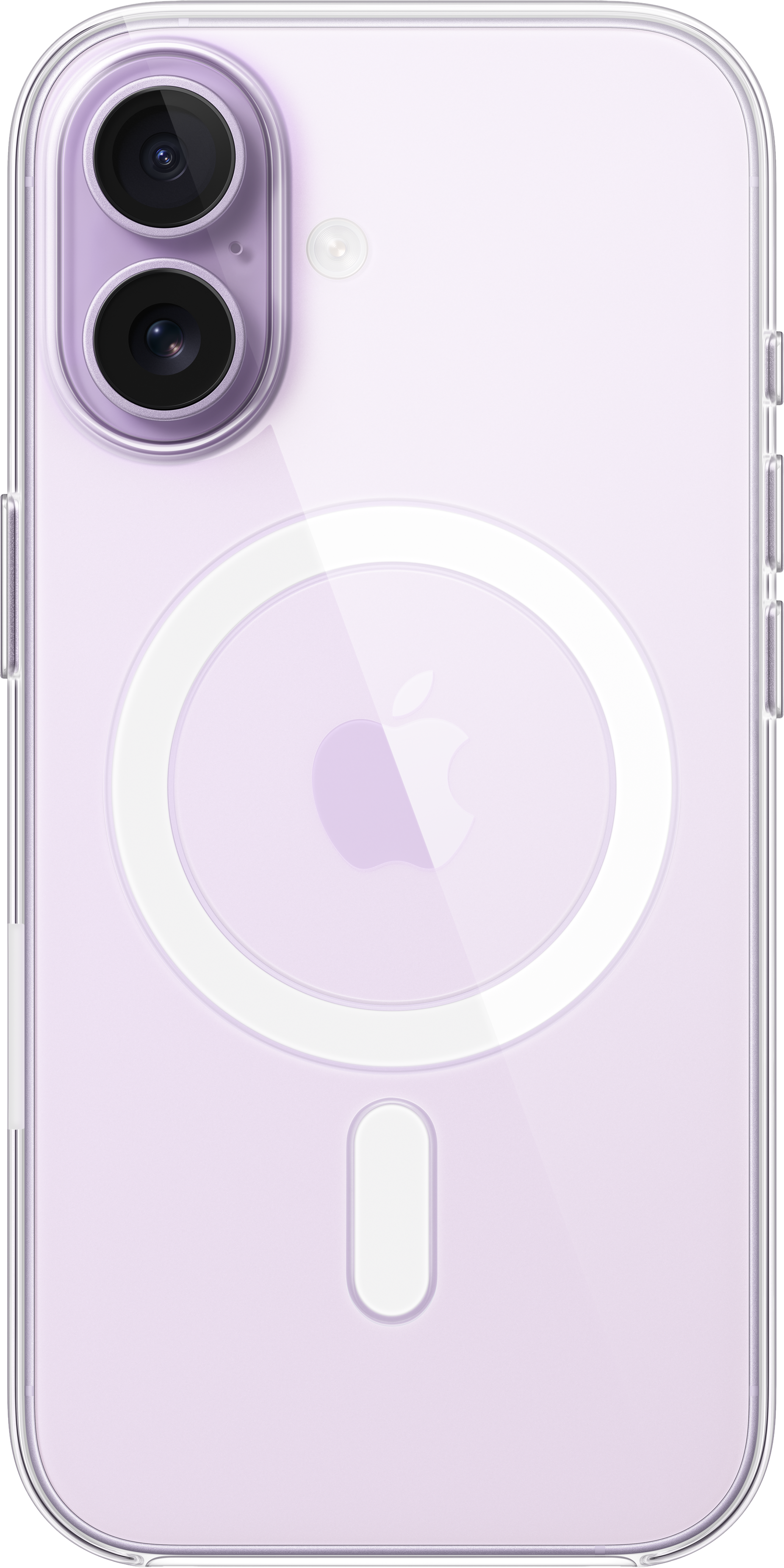 Dos d'iPhone violet avec coque transparente. On voit les objectifs de l'appareil photo, le logo Apple et le cercle MagSafe.