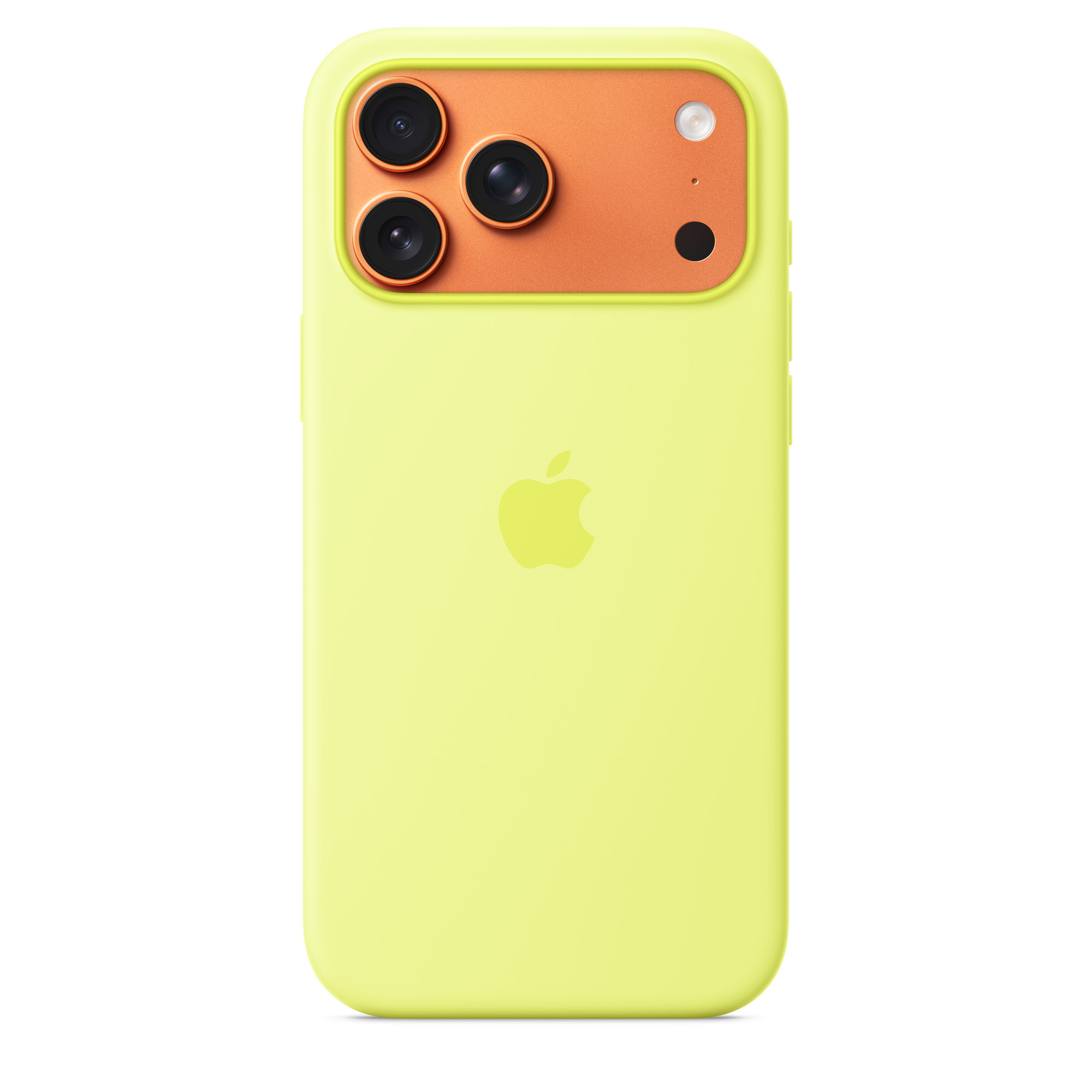 iPhone világossárga tokban. A kamera területe narancssárga, fekete lencsékkel. Apple logó a hátoldalon.