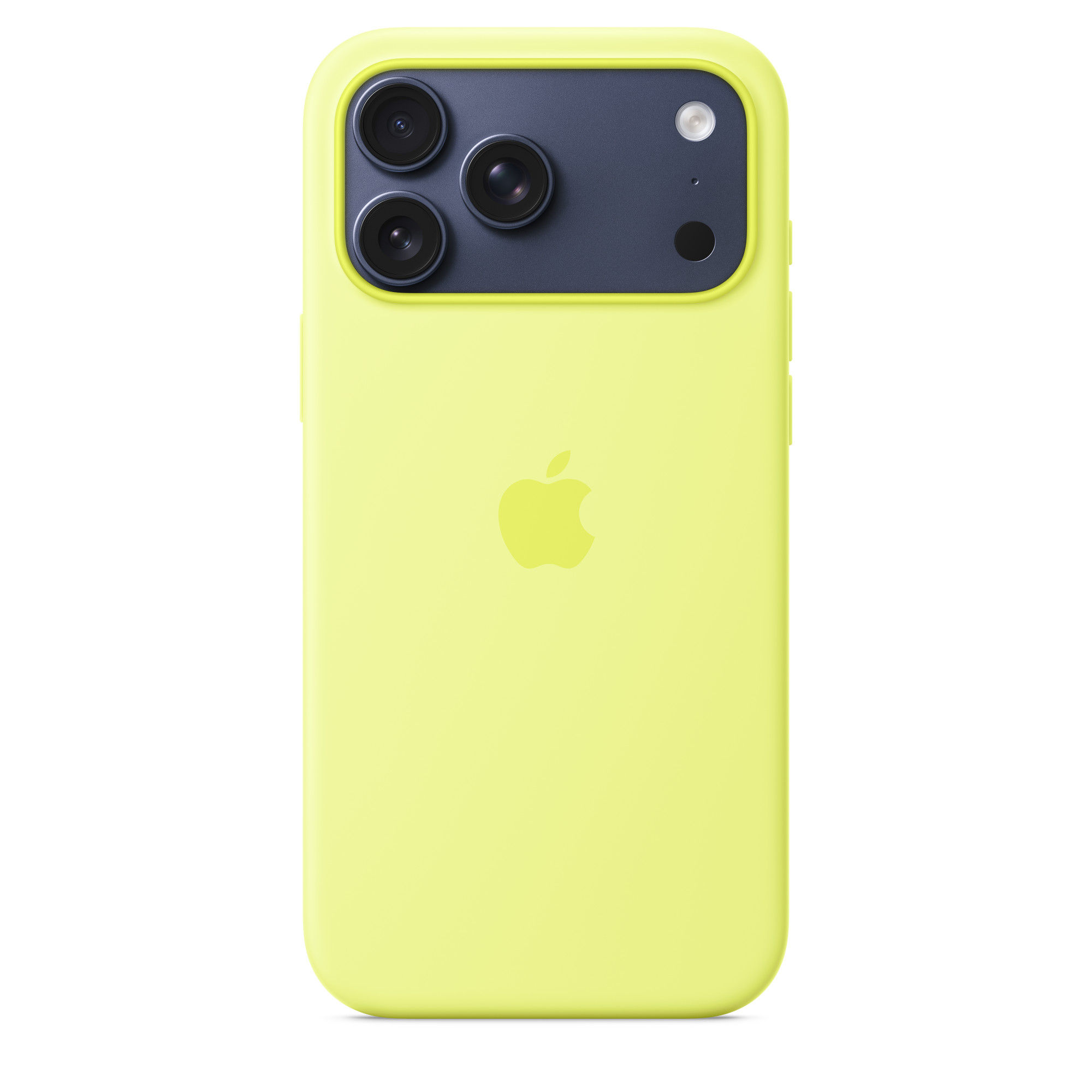 Sárga iPhone tokban. A kamera területe sötétszürke. Egy Apple logó látható.