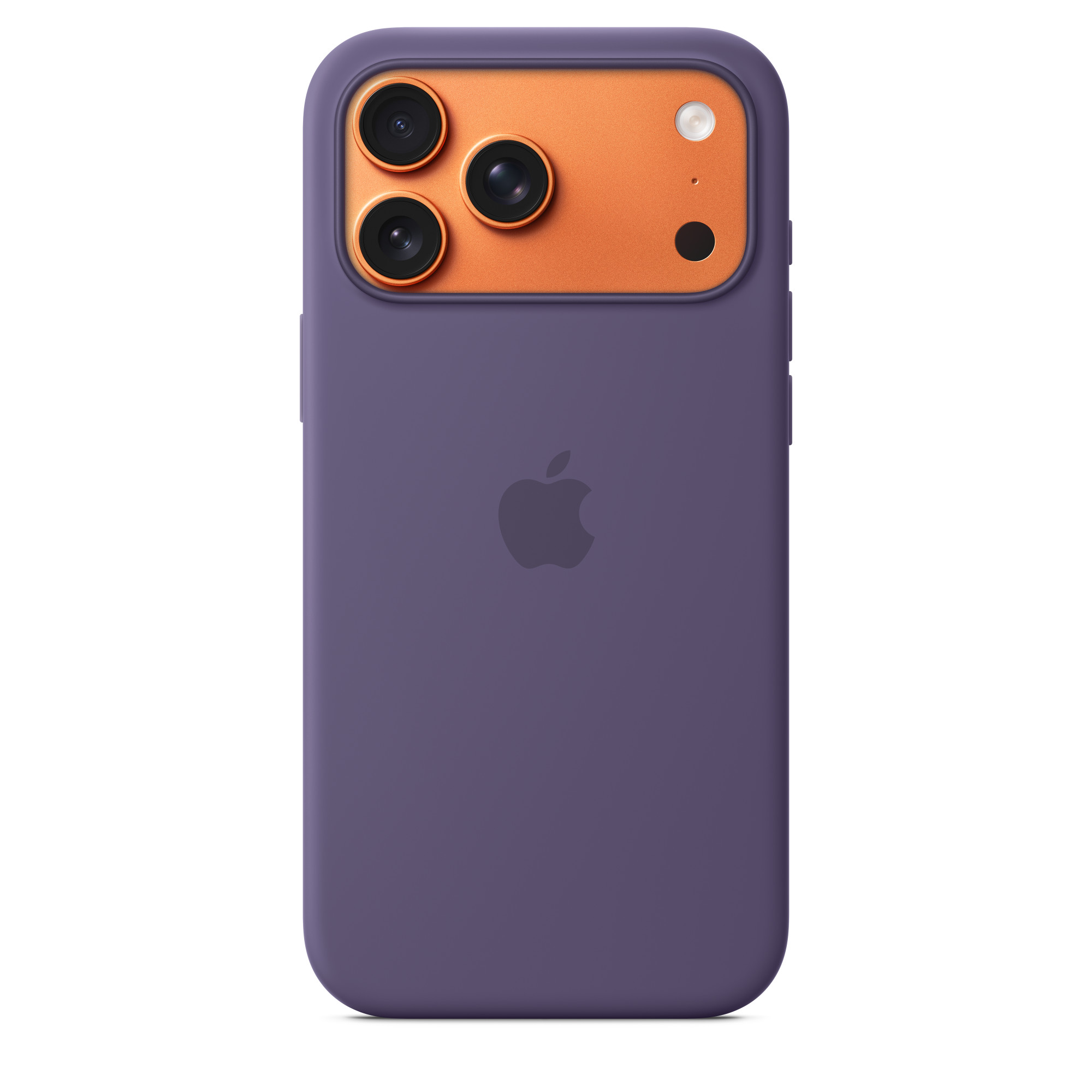 Lila telefontok narancssárga kamerarésszel. Három lencse, vaku és Apple logó fehér háttéren.