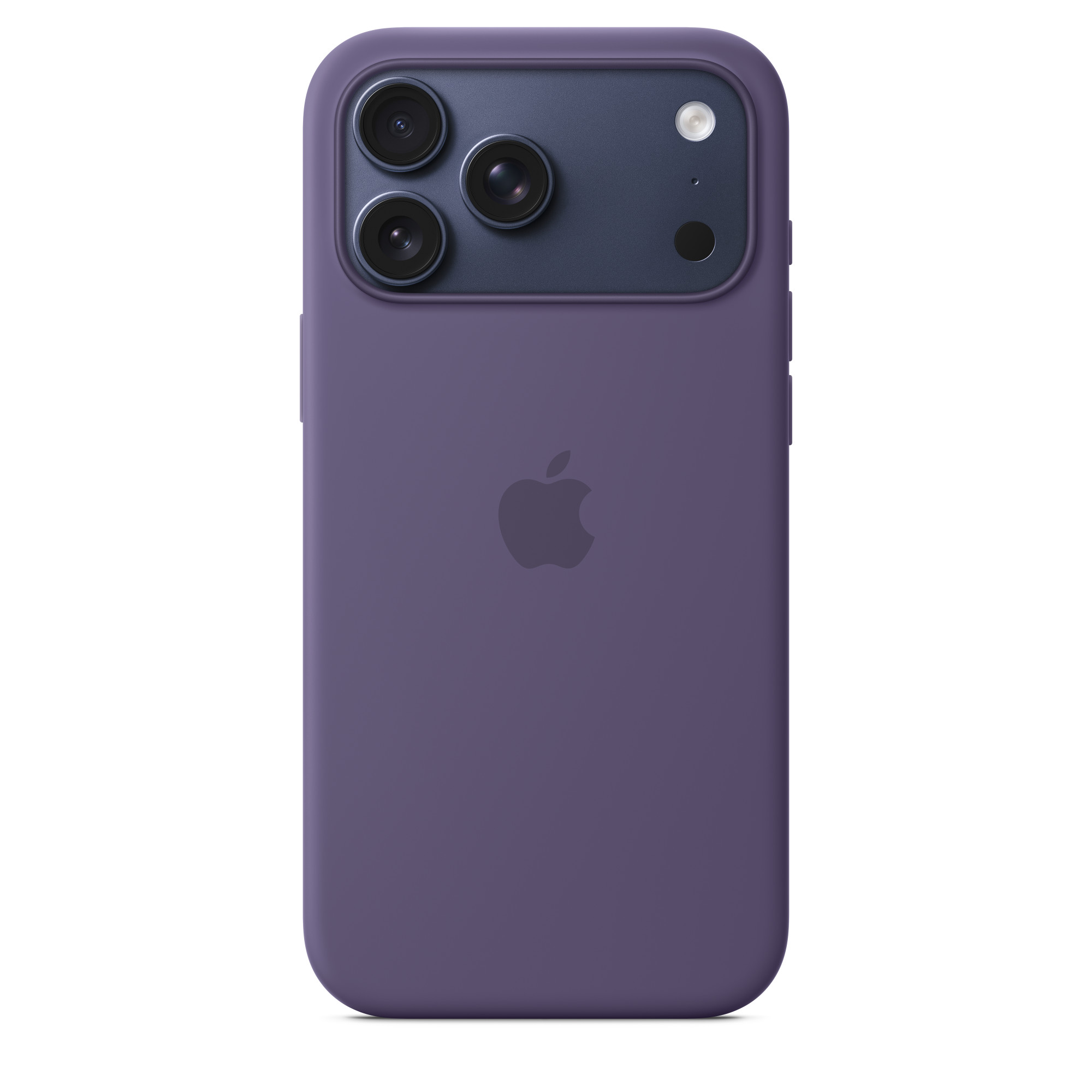 Lila iPhone tok. Három kamera lencse felül. Apple logó középen. Sötétkék kamera terület. Fehér háttér.