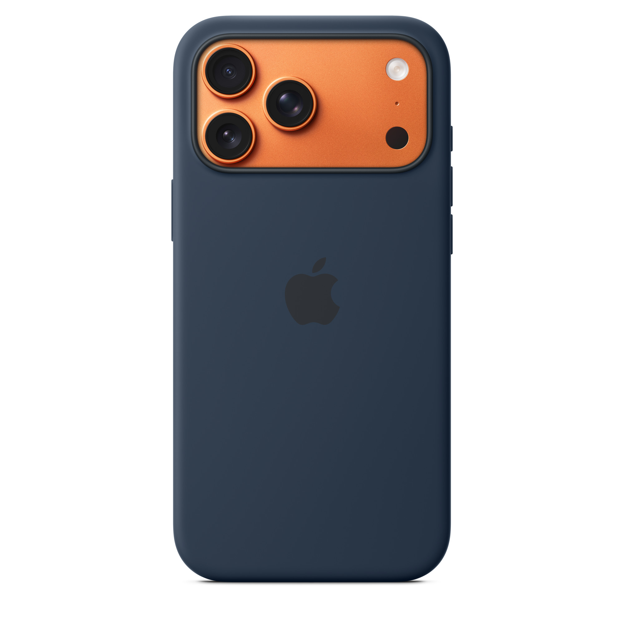 Egy sötétkék telefontok, három kamerával, narancssárga kamera területtel és egy Apple logóval.