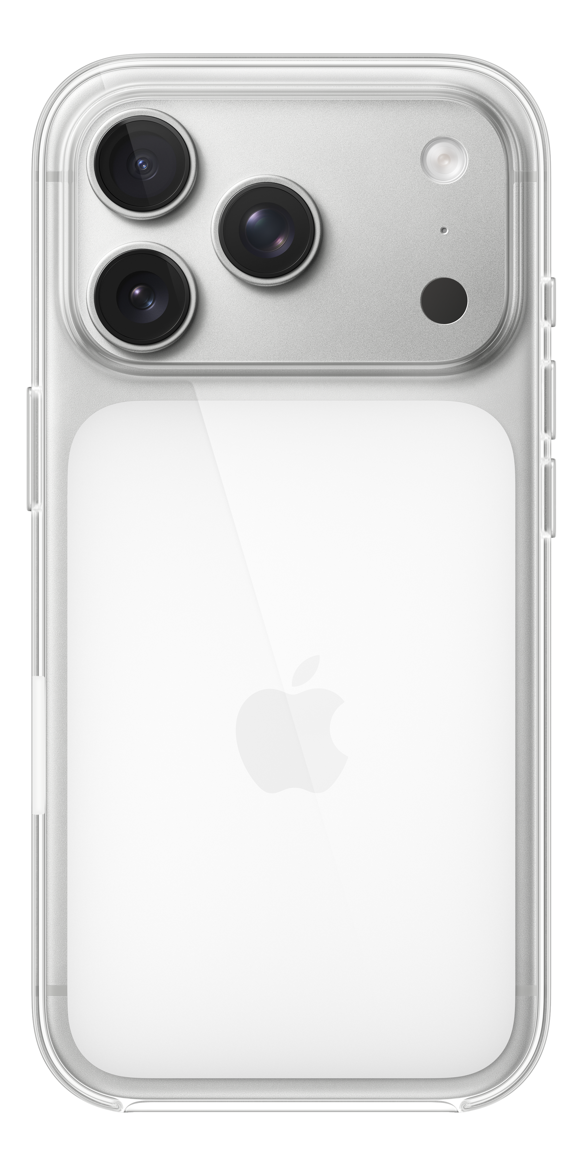 Dos d'un téléphone avec trois caméras, un flash et le logo Apple. Il est argenté et blanc, dans un étui transparent.