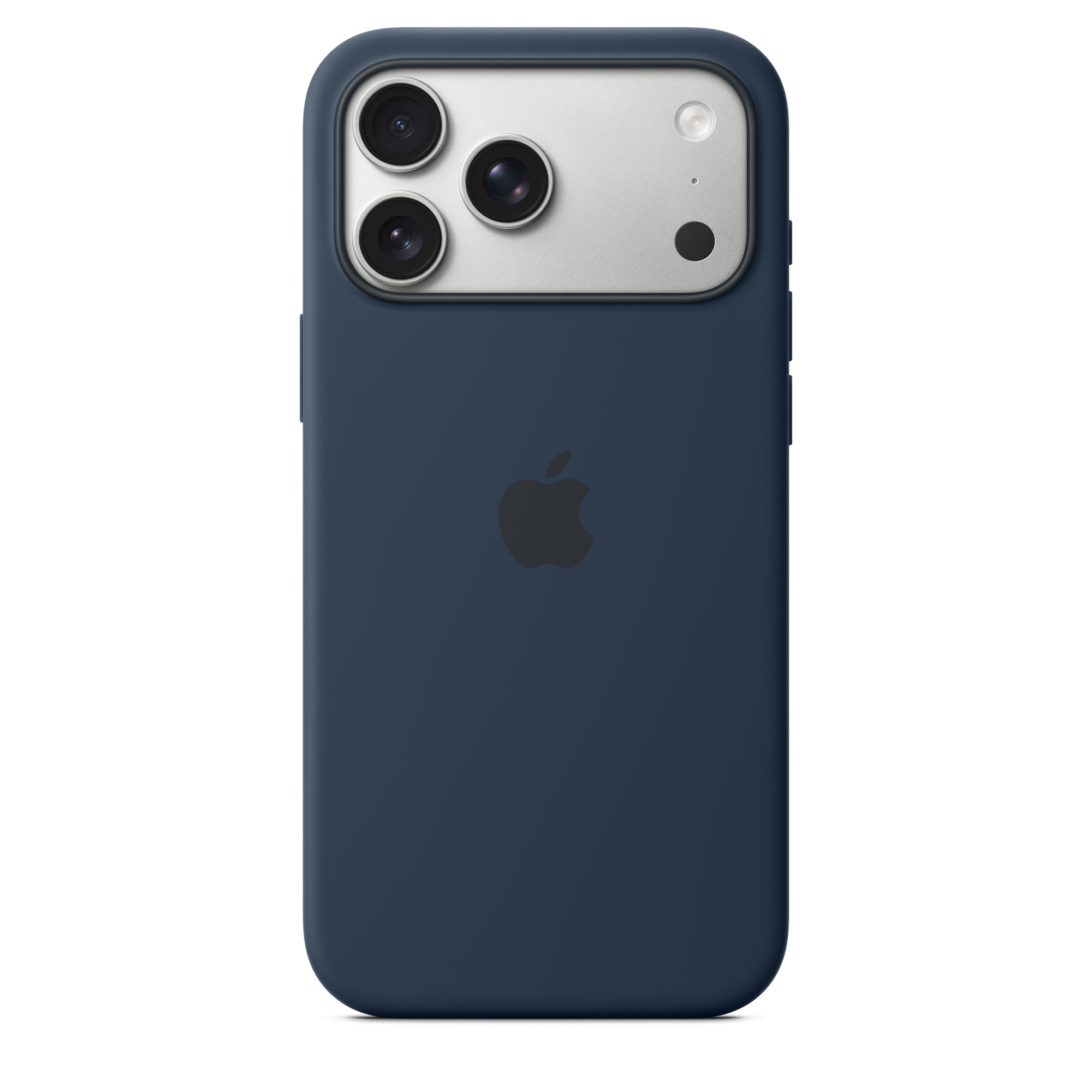 Egy sötétkék telefontok Apple logóval. Három kamerája és egy villanója van a hátulján.