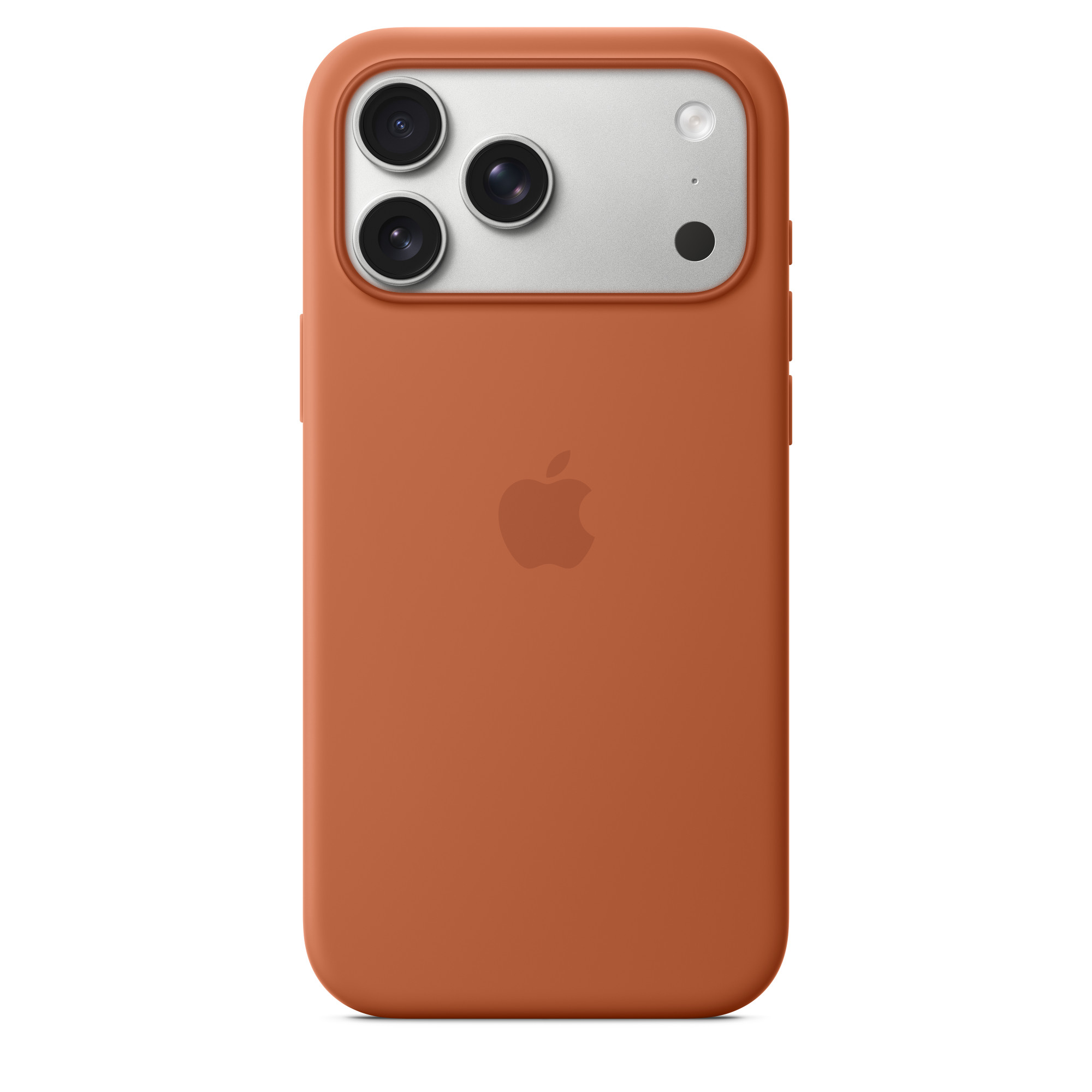 Narancssárga telefontok három kamerával és ezüst háttérrel. Az Apple logója látható.