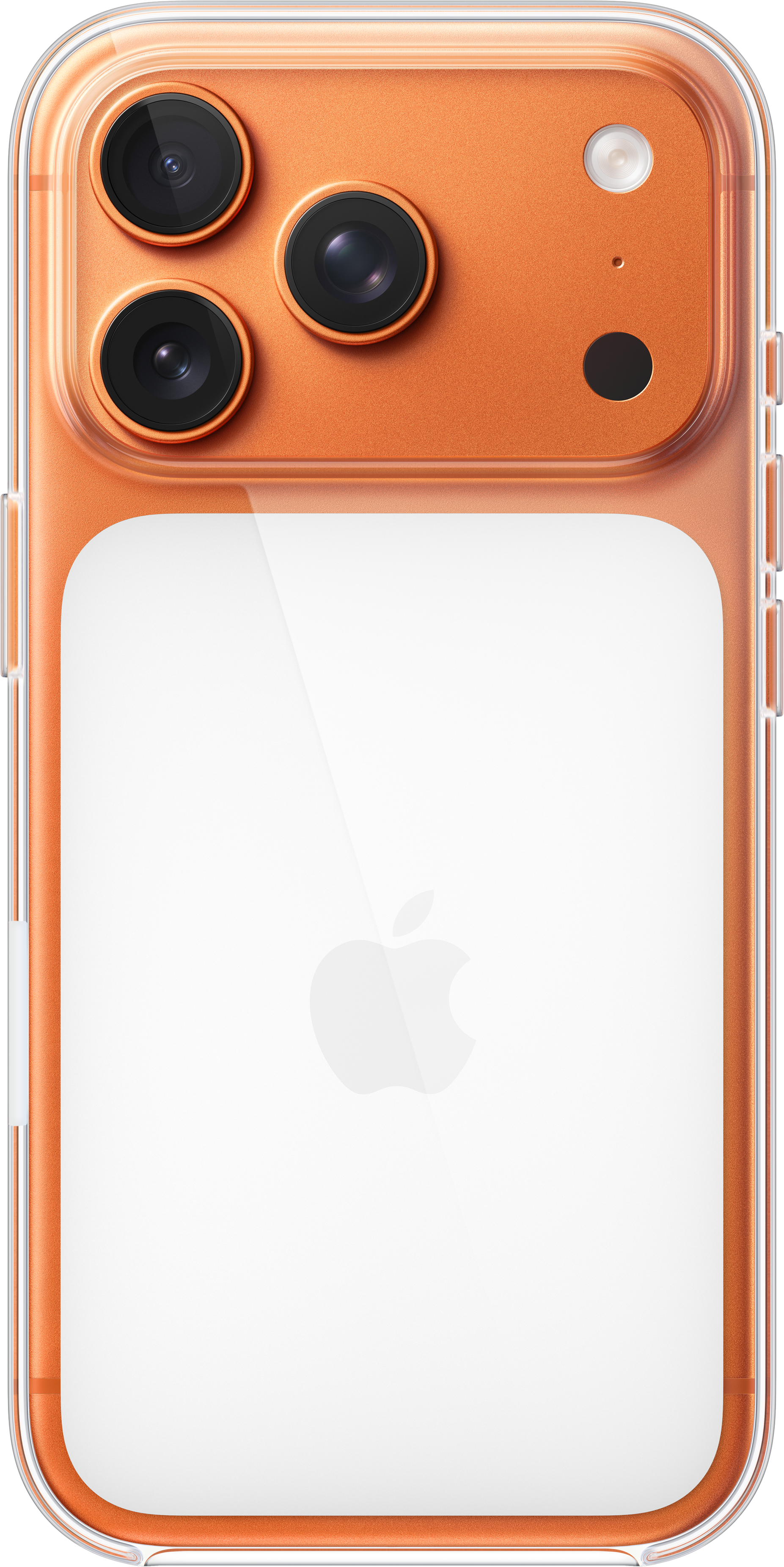Un iPhone orange avec une coque transparente. Il possède trois objectifs et un flash. Le logo Apple est visible au dos.