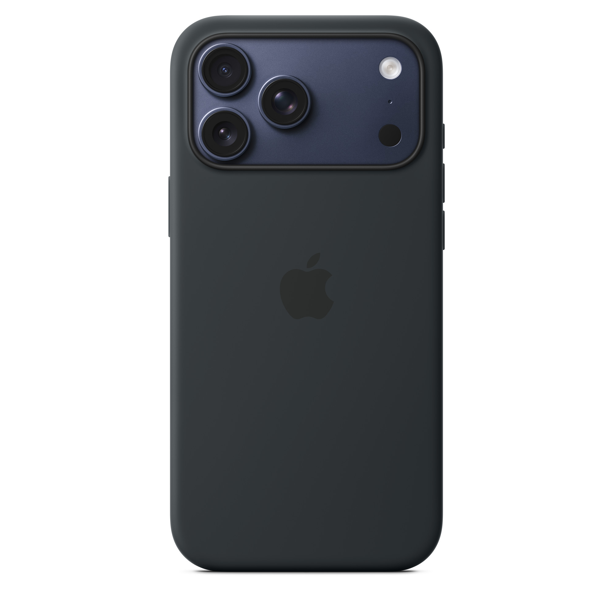 Fekete iPhone hátlap három kamerával, vakuval és Apple logóval fehér háttér előtt.