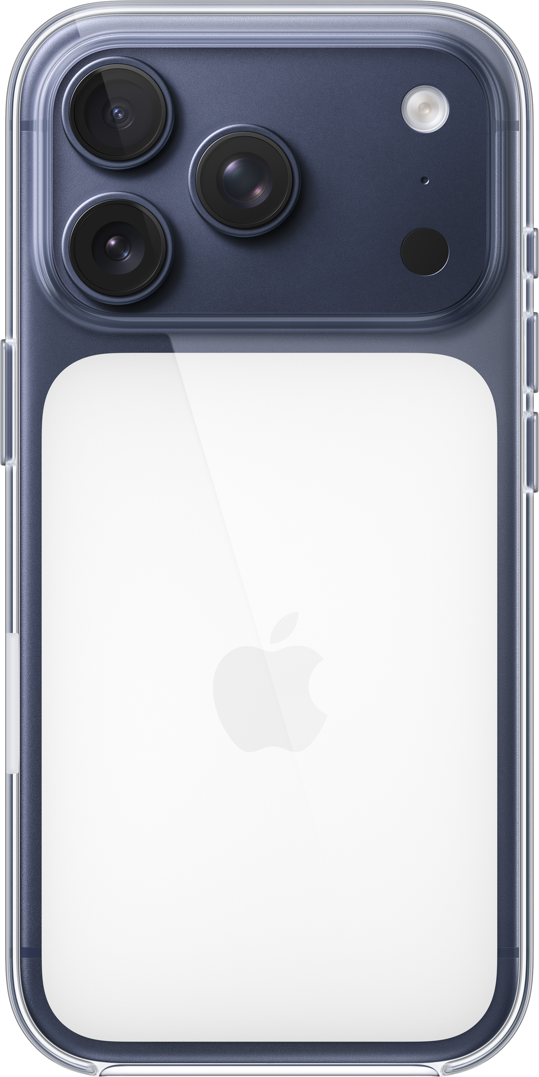 Dos de smartphone avec une coque transparente. Visible : trois objectifs photo, un flash et le logo Apple.