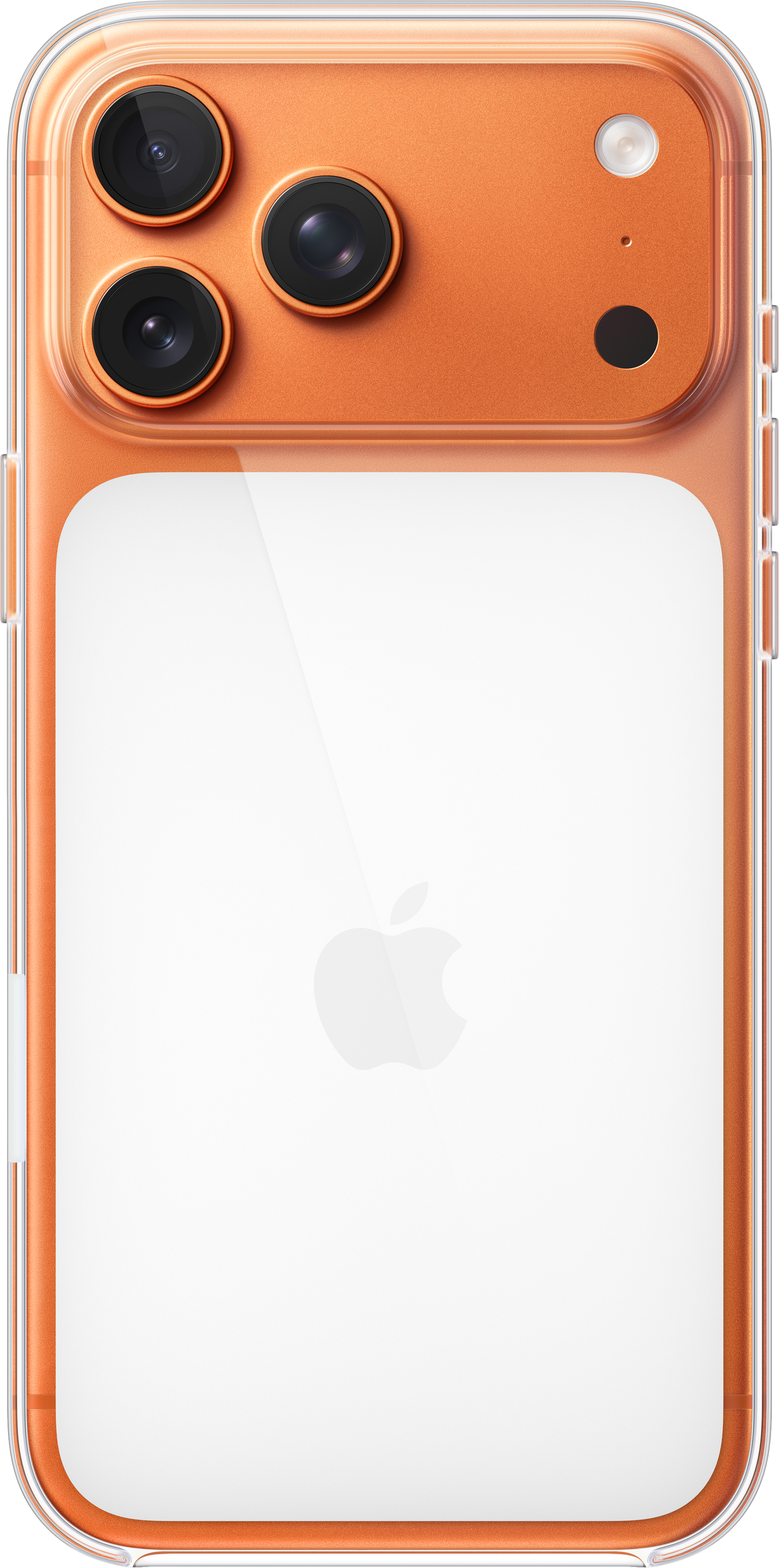 iPhone orange dans un étui transparent. Comprend trois caméras, un flash et le logo Apple. L'arrière est orange, l'avant blanc.