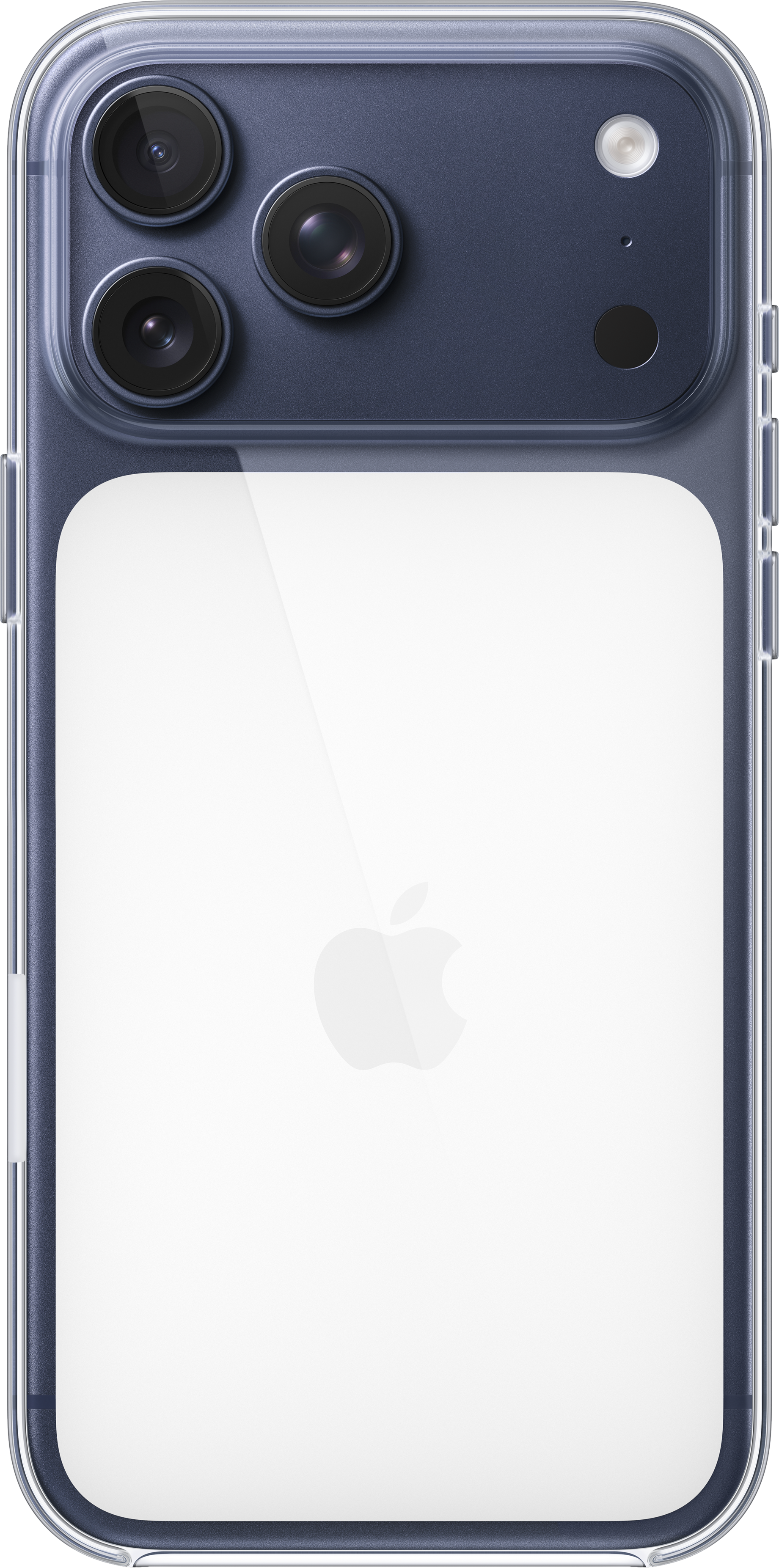 Un smartphone avec une coque transparente. Le dos montre le logo Apple et le système de caméras.
