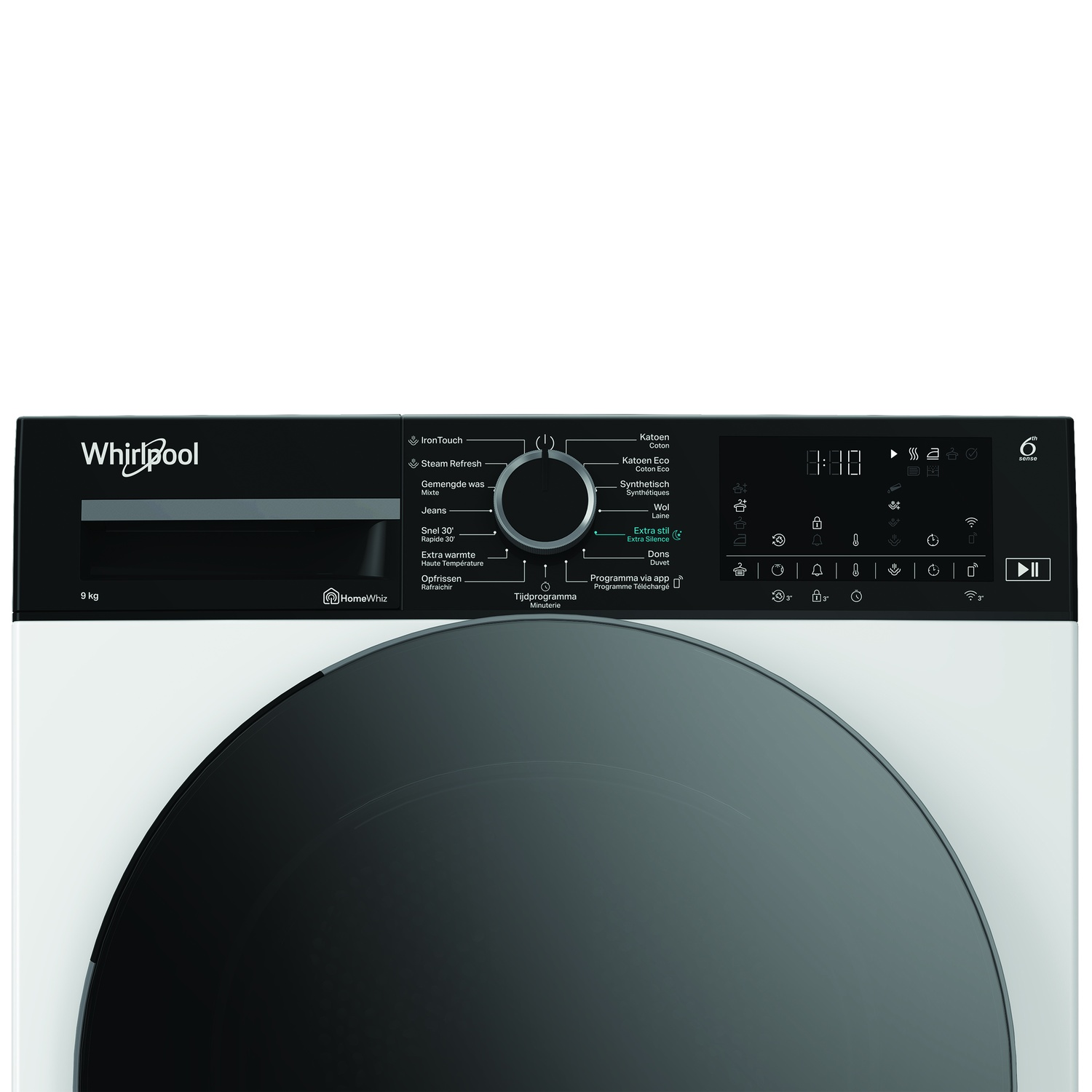 Un lave-linge Whirlpool avec un panneau de commande noir. Il possède des boutons pour différents programmes et un affichage numérique.