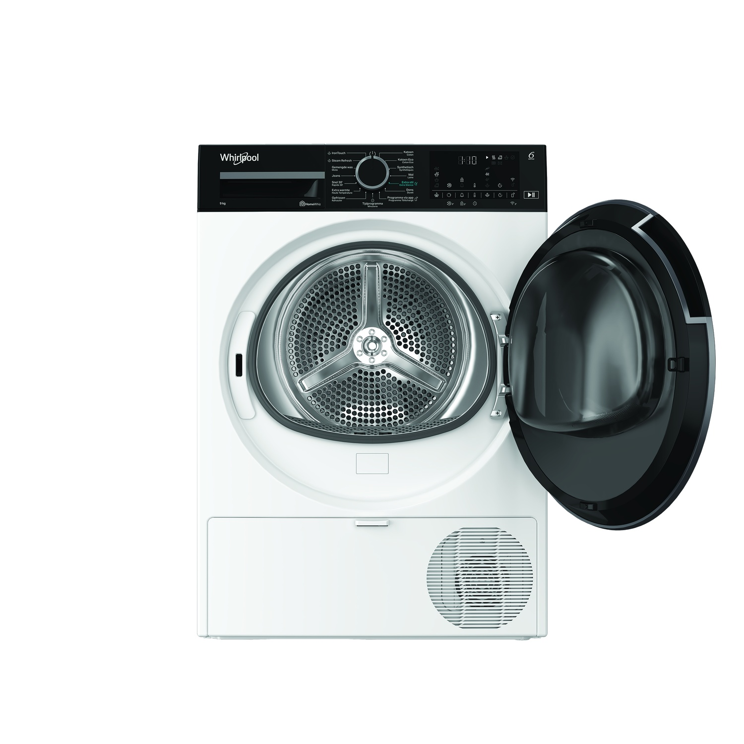 Un sèche-linge Whirlpool blanc avec la porte ouverte. Le tambour intérieur et le panneau de commande sont visibles, sur fond blanc.