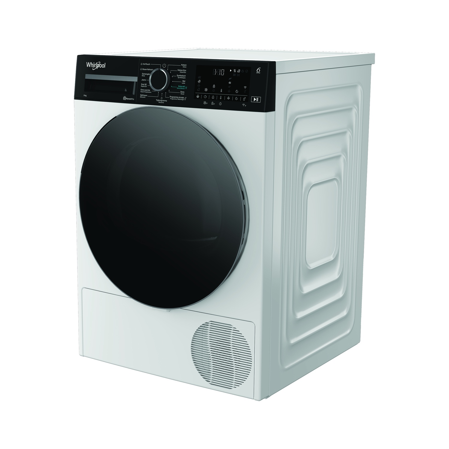 Un sèche-linge Whirlpool blanc avec porte et panneau de contrôle noirs. Le panneau affiche des réglages et une horloge numérique.
